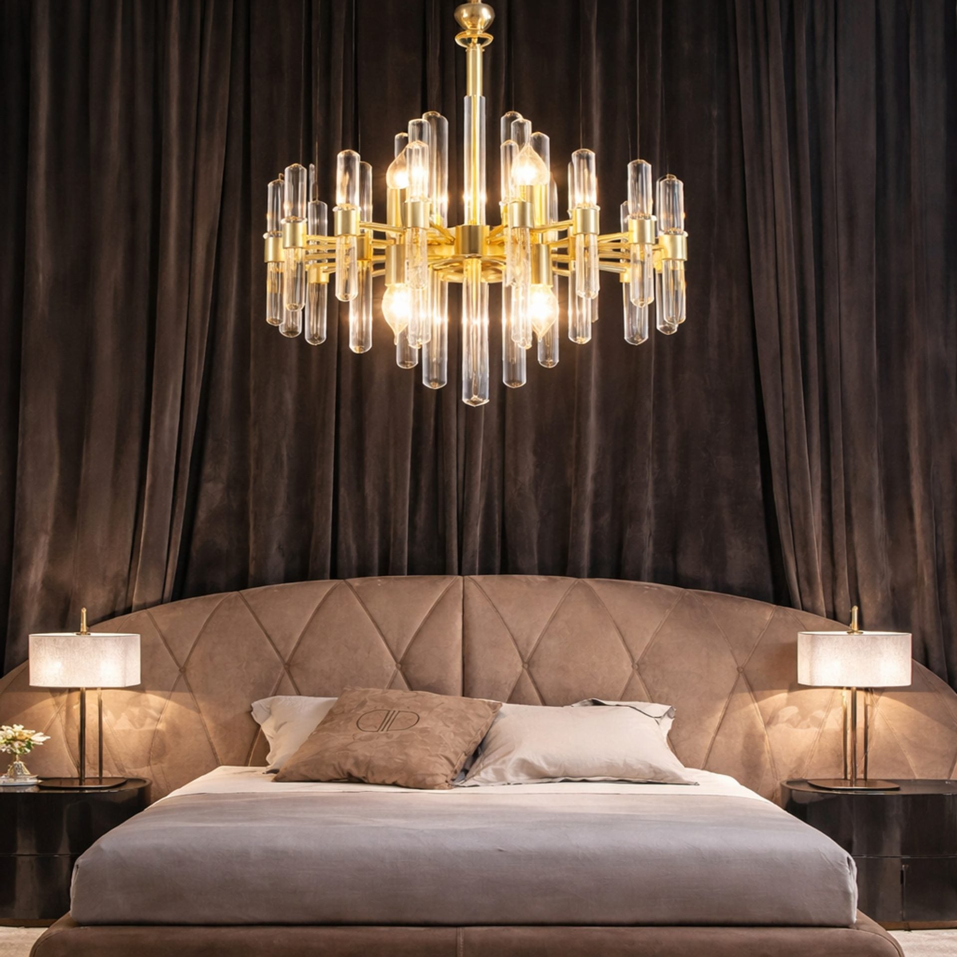 Candelabru Cristal CC850/480GD,6xE14, 48X45cm, Inaltime Reglabila, Auriu Lucios, Inaltime Reglabila, Design Elegant, Metal si Cristal