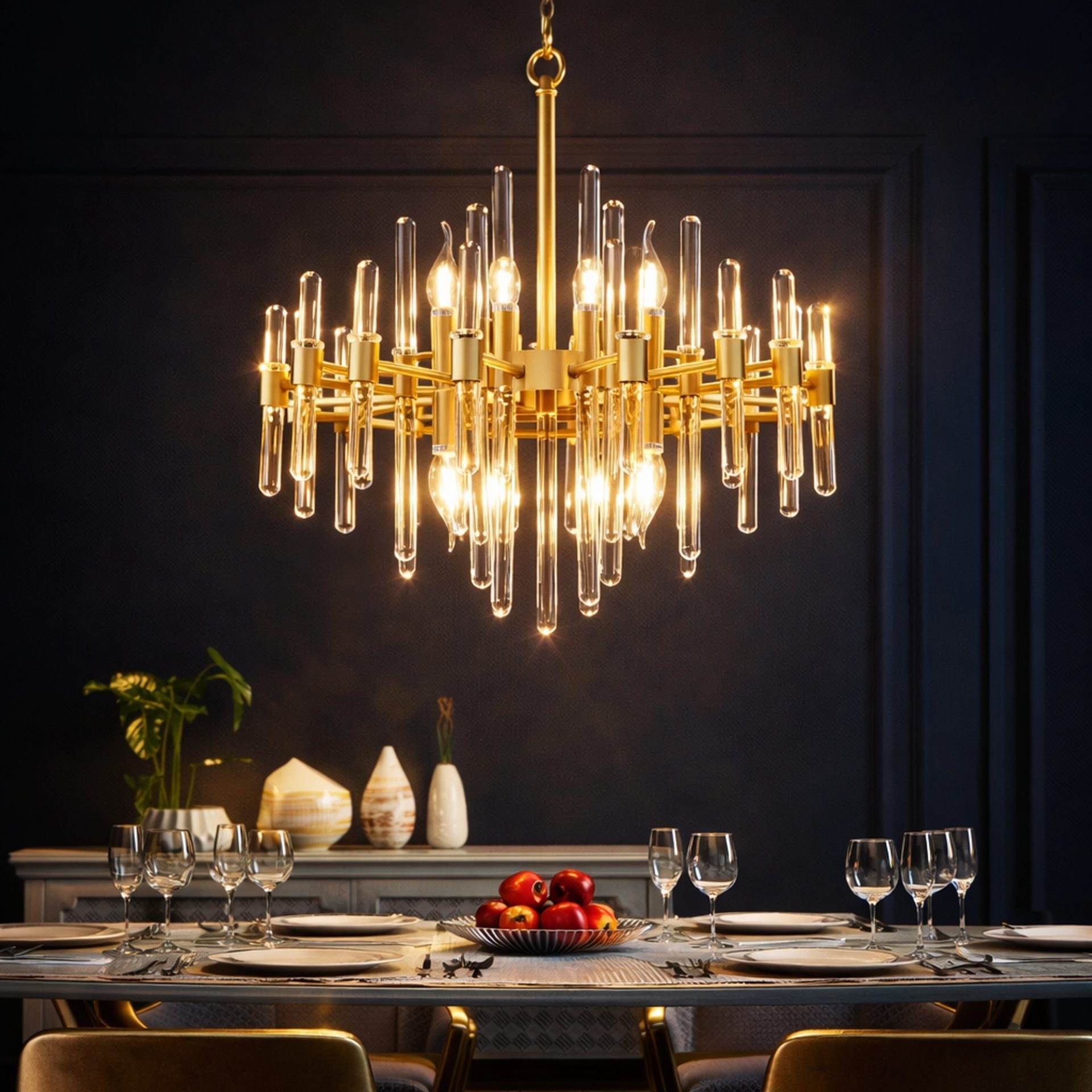 Candelabru Cristal CC850/480GD,6xE14, 48X45cm, Inaltime Reglabila, Auriu Lucios, Inaltime Reglabila, Design Elegant, Metal si Cristal