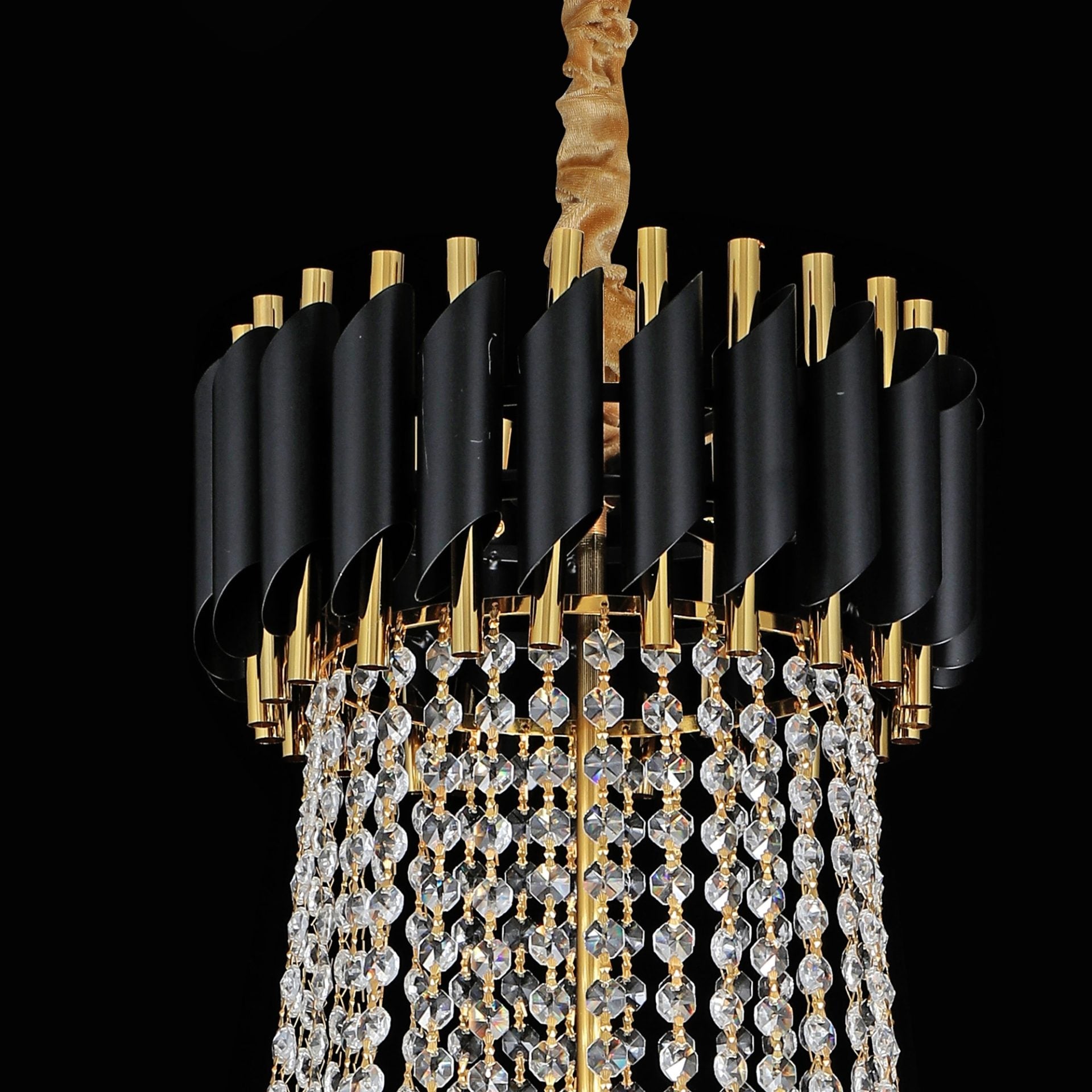 Candelabru Cristal CC900/800X1200, 23xE14, Diametru 80cm, Inaltime 120cm, Auriu Lucios si Negru, Inaltime Reglabila, Design Elegant