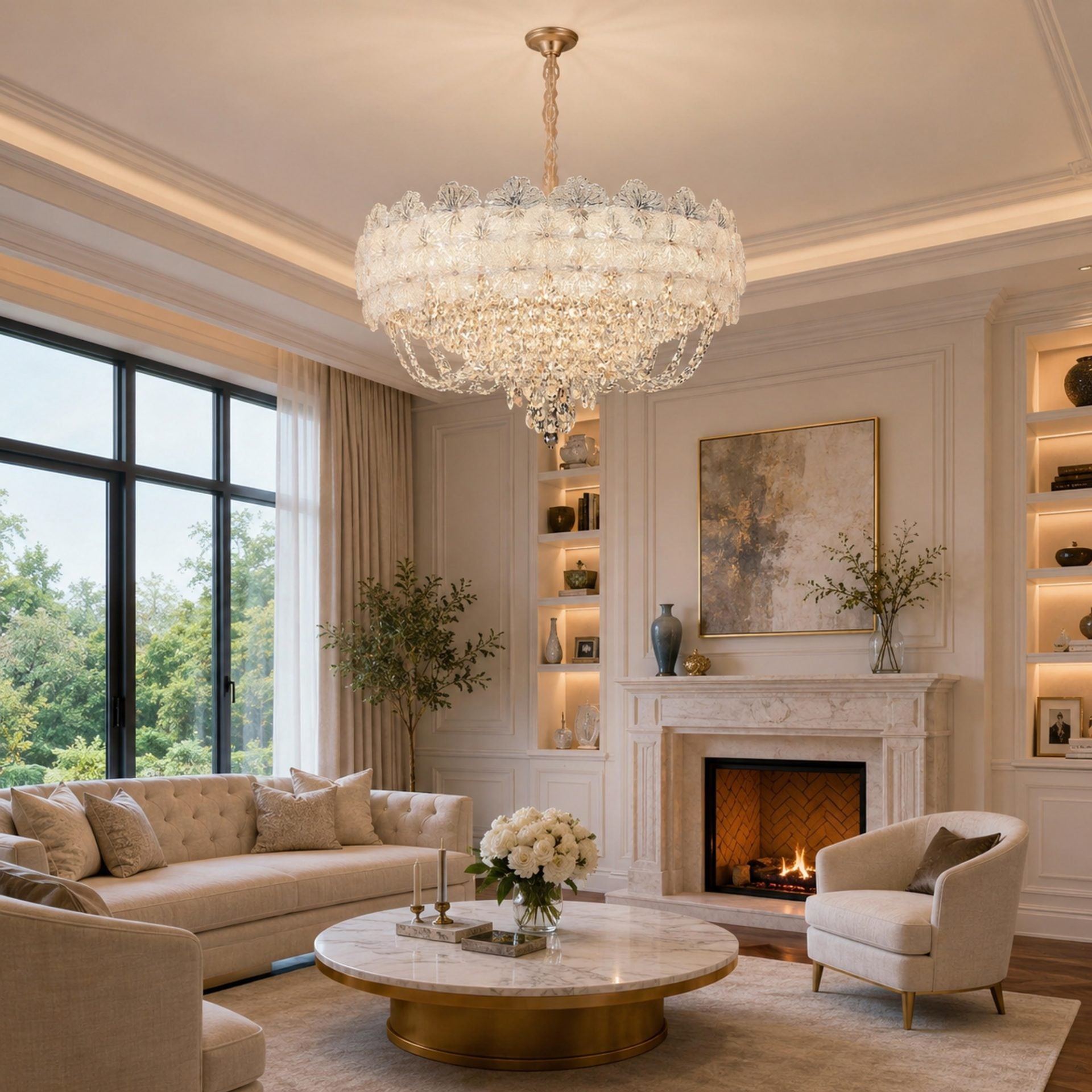 Candelabru Cristal CROWN Eleganza 9xE14, Diametru 50cm, Inaltime 41cm, Auriu Lucios, Inaltime Reglabila, Design Elegant