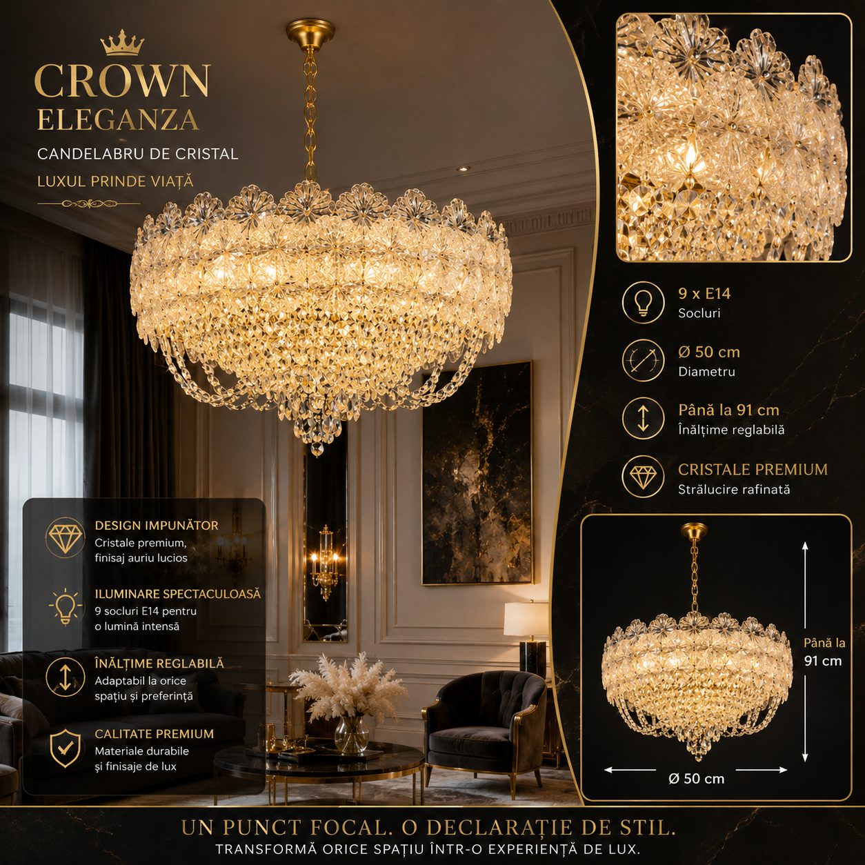 Candelabru Cristal CROWN Eleganza 9xE14, Diametru 50cm, Inaltime 41cm, Auriu Lucios, Inaltime Reglabila, Design Elegant