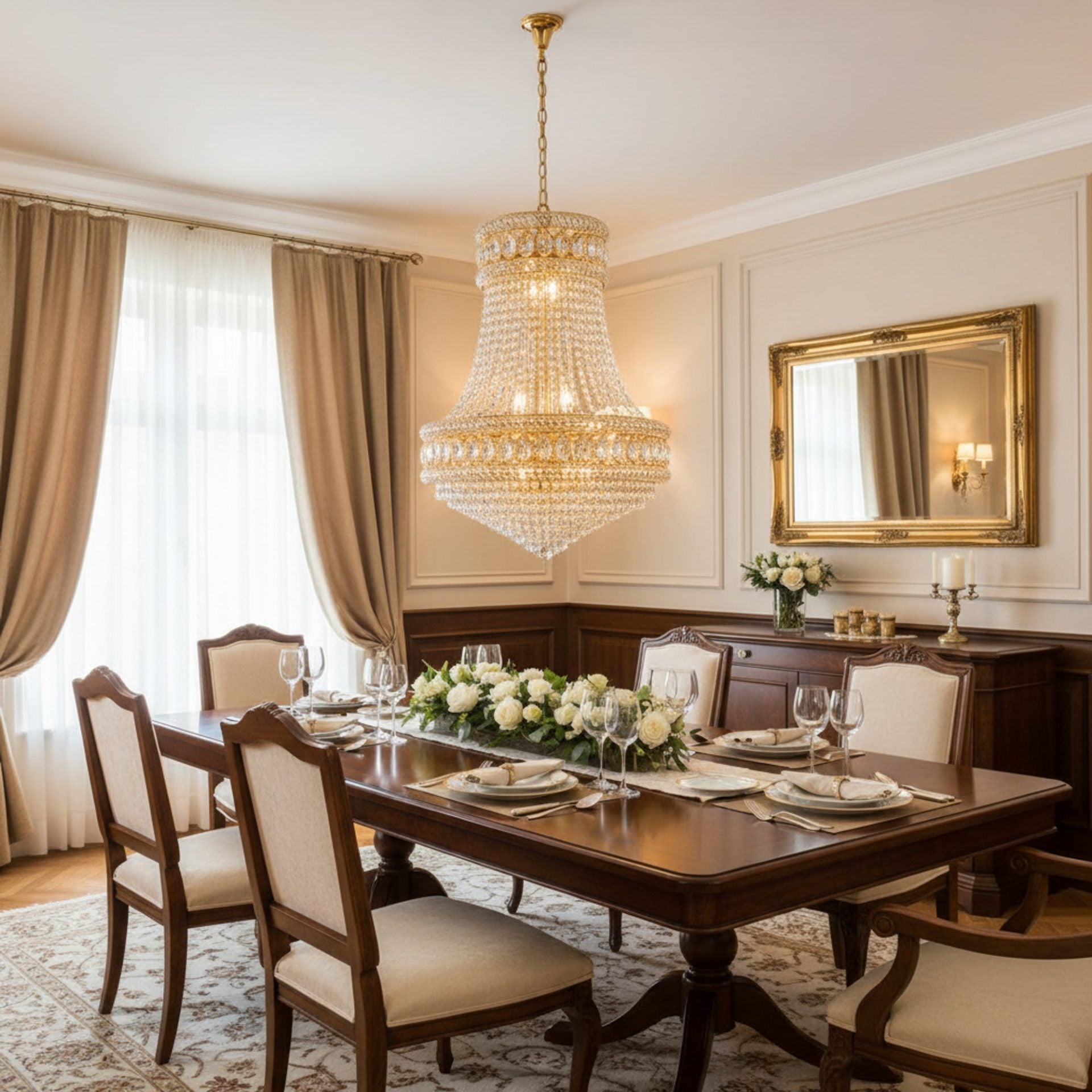 Candelabru Cristal EMPIRE Eleganza 10xE14, D50 cm, Auriu, Inaltime Reglabila, Metal si Cristal