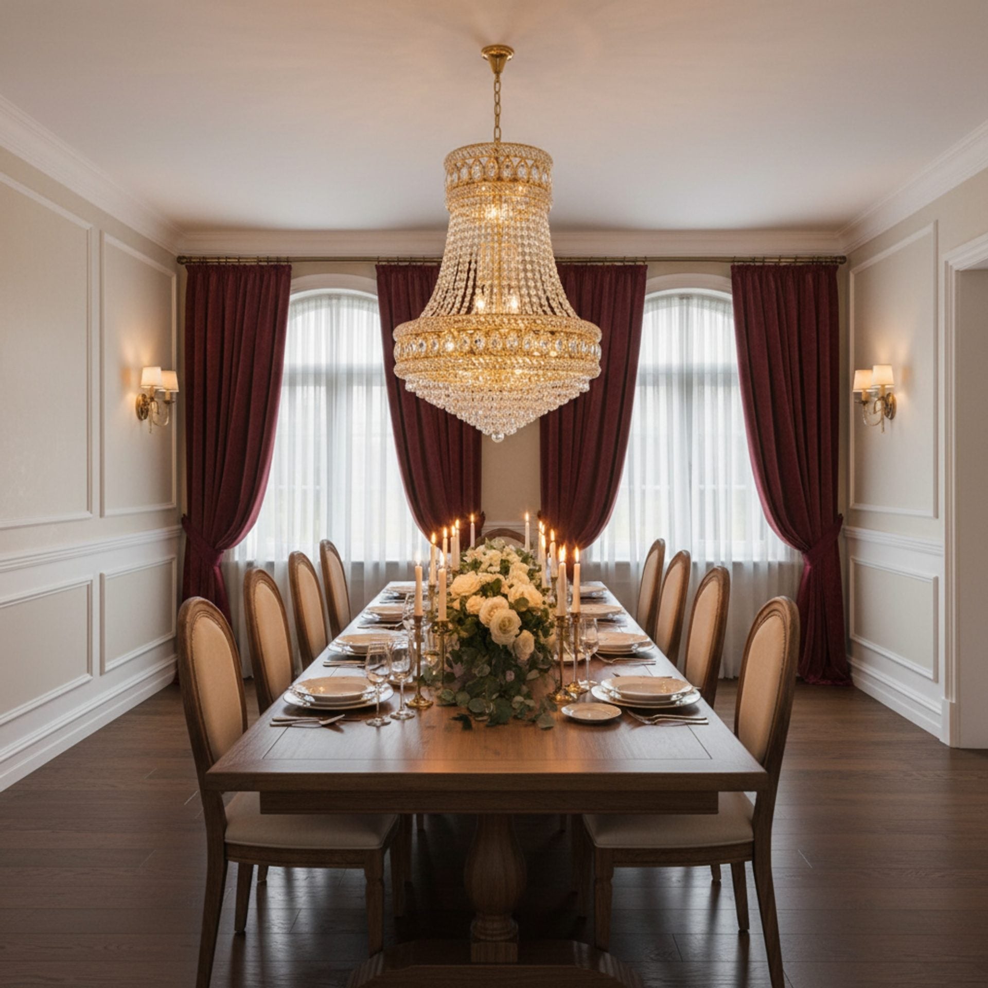 Candelabru Cristal EMPIRE Magno 10xE14, D60 cm, Auriu, Inaltime Reglabila, Metal si Cristal