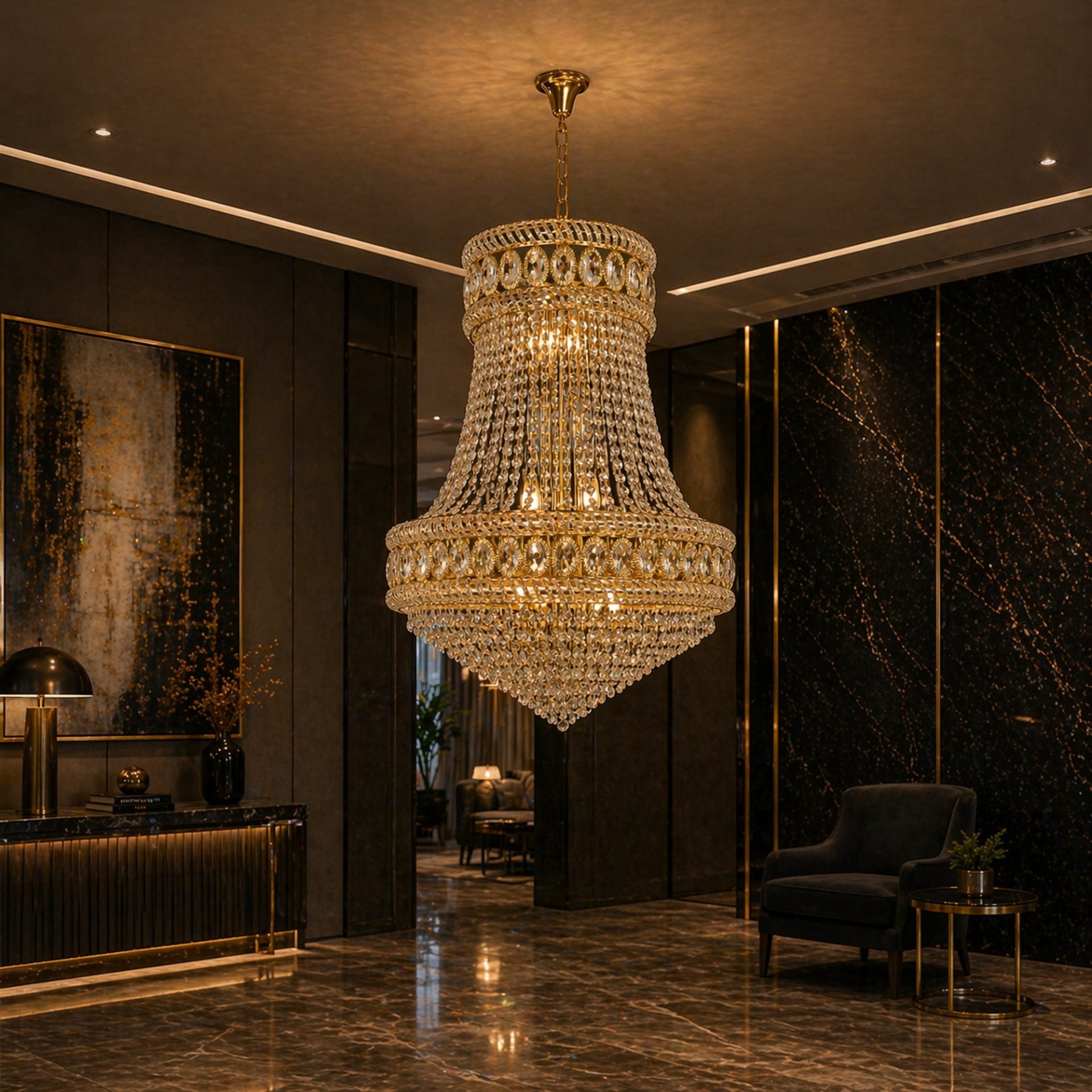 Candelabru Cristal EMPIRE Magno 10xE14, D60 cm, Auriu, Inaltime Reglabila, Metal si Cristal