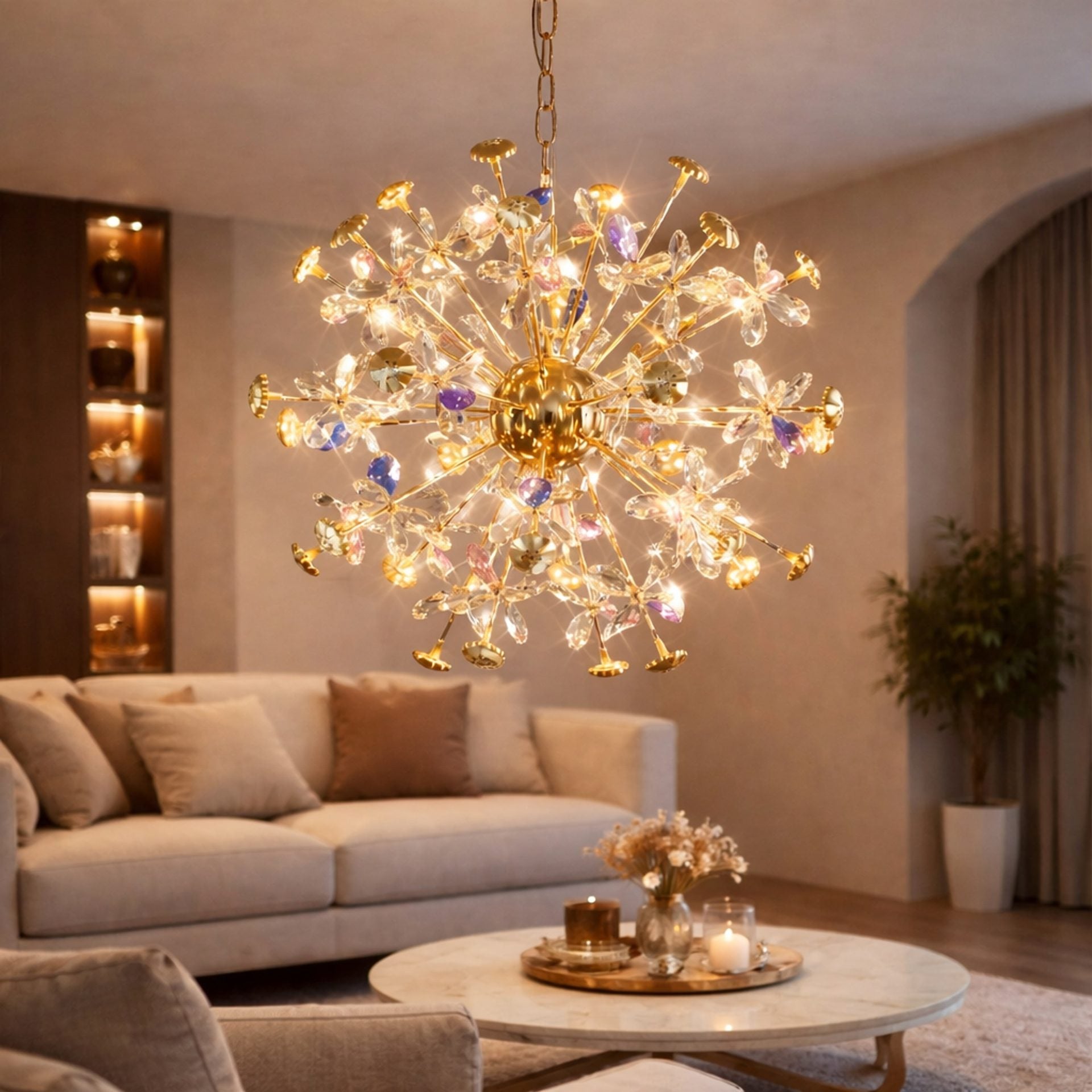 Candelabru Cristal FloraLux, 24xG4, Auriu si Cristale, 52cm, Inaltime Reglabila