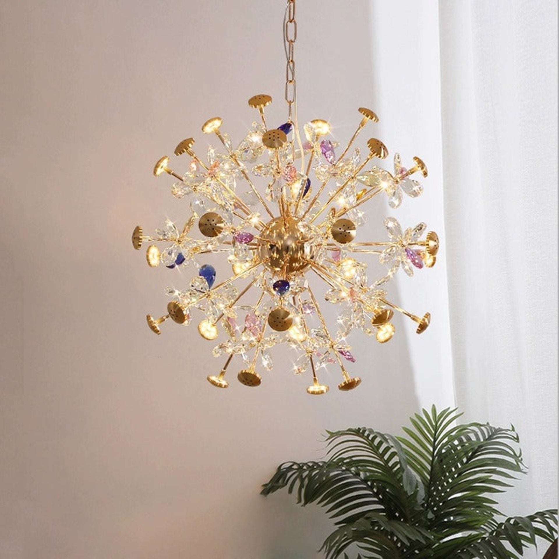 Candelabru Cristal FloraLux, 24xG4, Auriu si Cristale, 52cm, Inaltime Reglabila