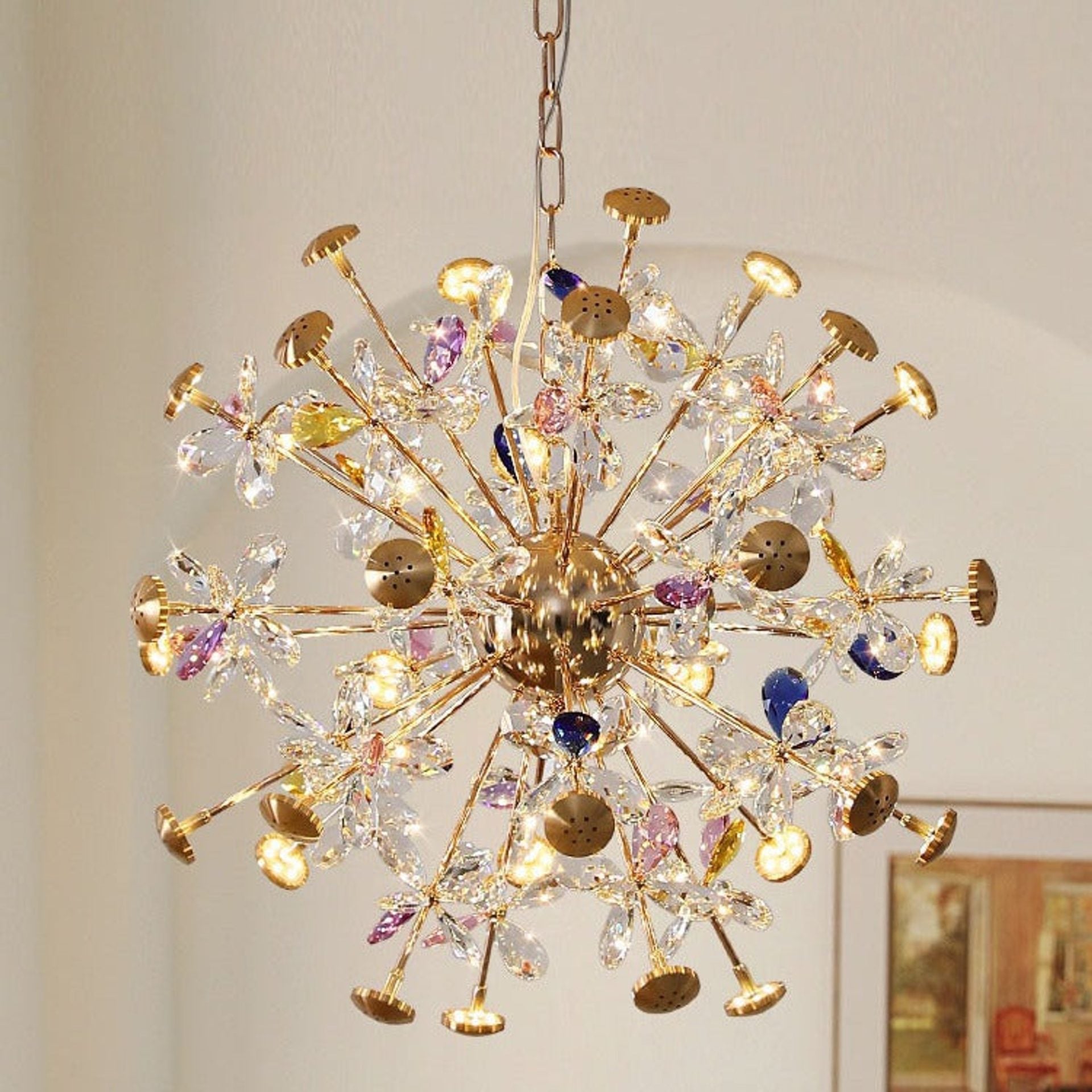 Candelabru Cristal FloraLux, 24xG4, Auriu si Cristale, 52cm, Inaltime Reglabila