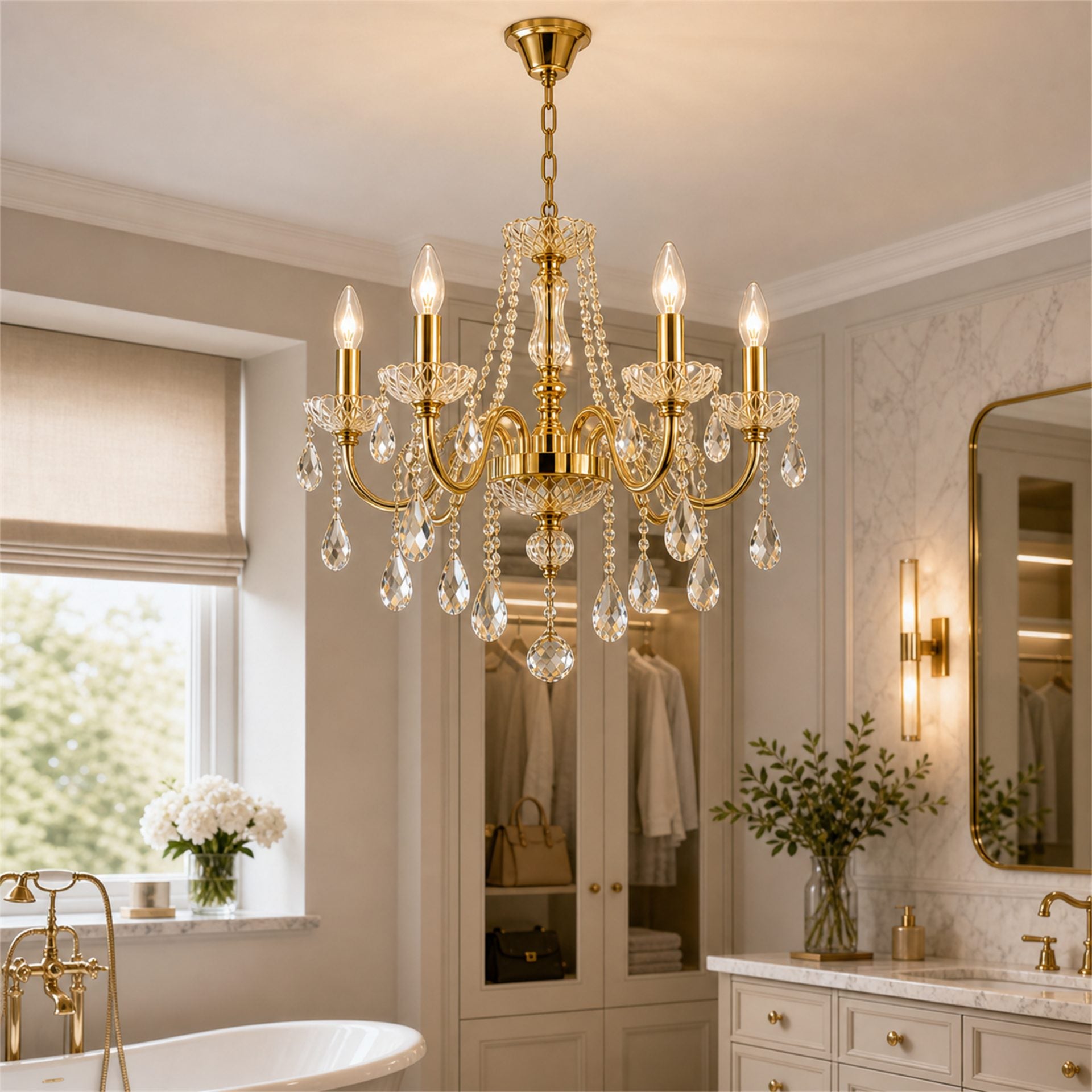 Candelabru Cristal KONIG Nobile, 5xE14, D40 cm, Auriu, Inaltime Reglabila, Metal si Cristal