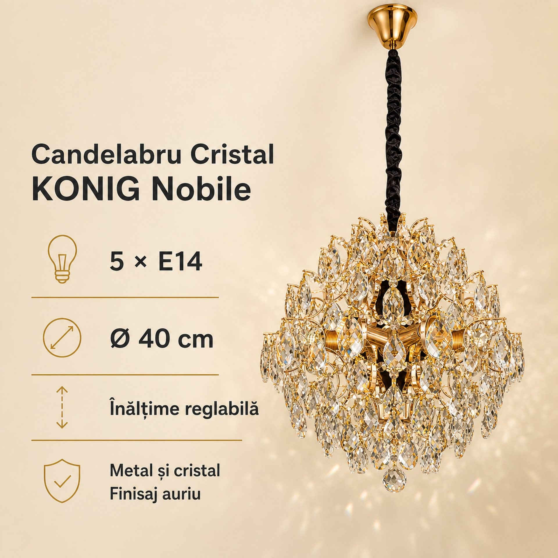 Candelabru Cristal KONIG Nobile, 5xE14, D40 cm, Auriu, Inaltime Reglabila, Metal si Cristal