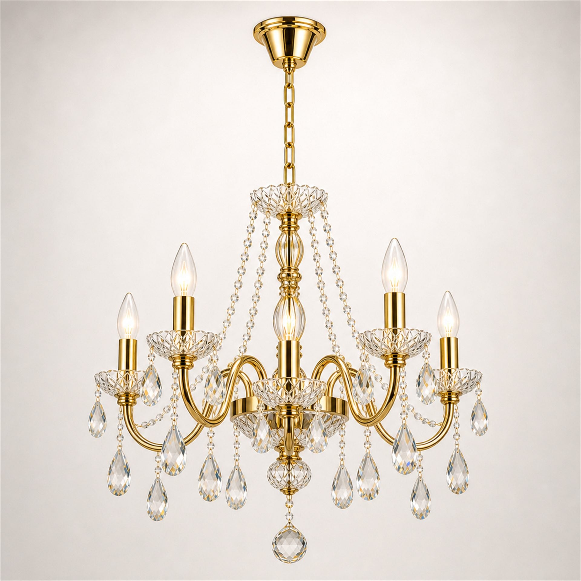 Candelabru Cristal KONIG Nobile, 5xE14, D40 cm, Auriu, Inaltime Reglabila, Metal si Cristal