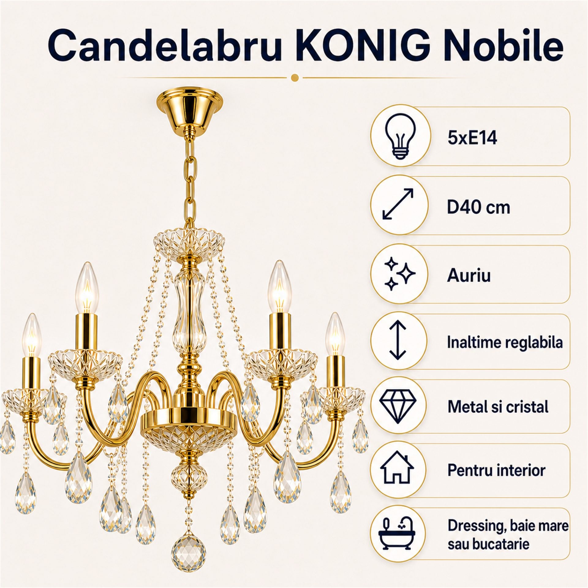 Candelabru Cristal KONIG Nobile, 5xE14, D40 cm, Auriu, Inaltime Reglabila, Metal si Cristal