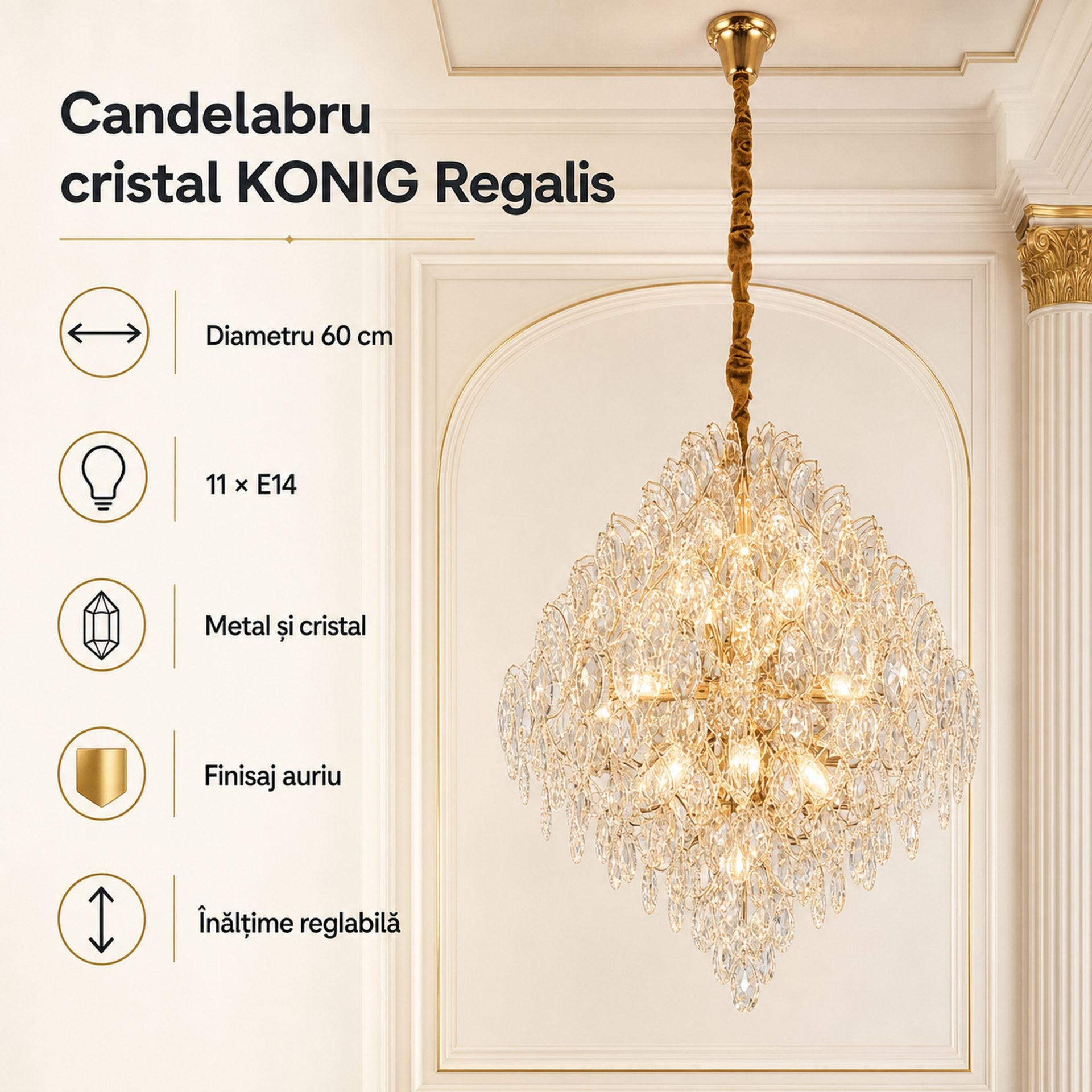 Candelabru Cristal KONIG Regalis, 11xE14, D60 cm, Auriu, Inaltime Reglabila, Metal si Cristal