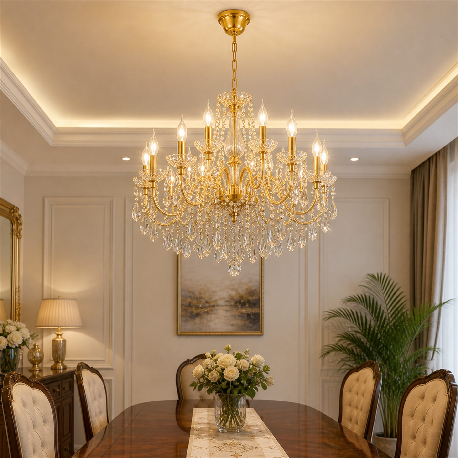 Candelabru Cristal KONIG Regalis, 11xE14, D60 cm, Auriu, Inaltime Reglabila, Metal si Cristal