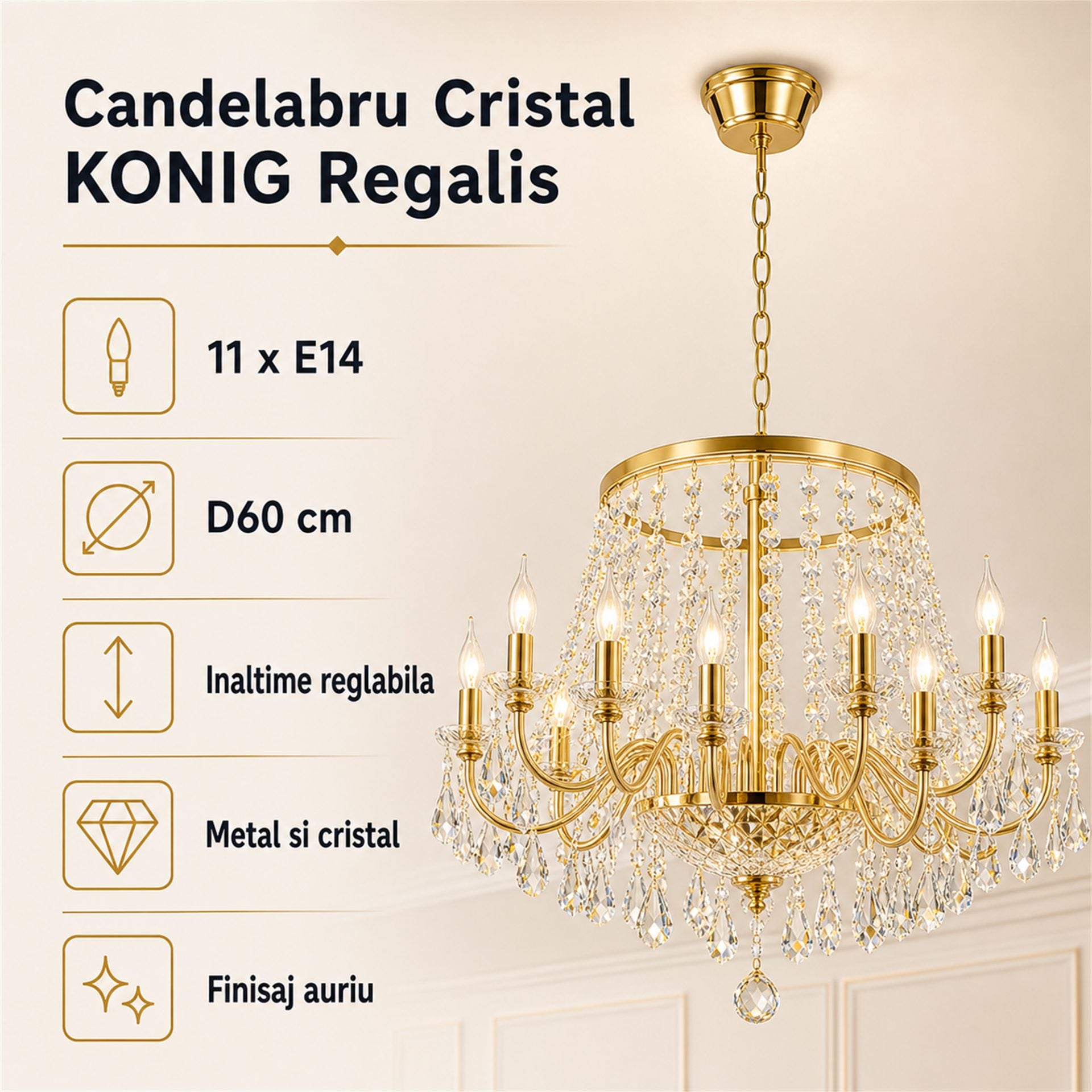 Candelabru Cristal KONIG Regalis, 11xE14, D60 cm, Auriu, Inaltime Reglabila, Metal si Cristal