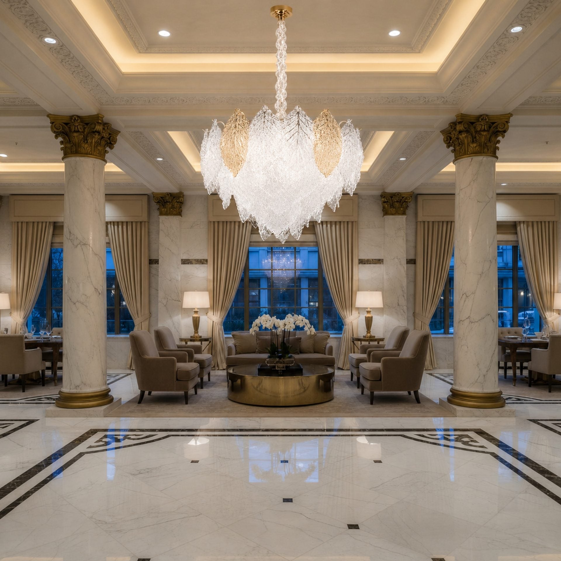 Candelabru Cristal LACE Eleganza 9xE14, Diametru 50cm, Inaltime 36cm, Auriu Lucios, Inaltime Reglabila, Design Elegant