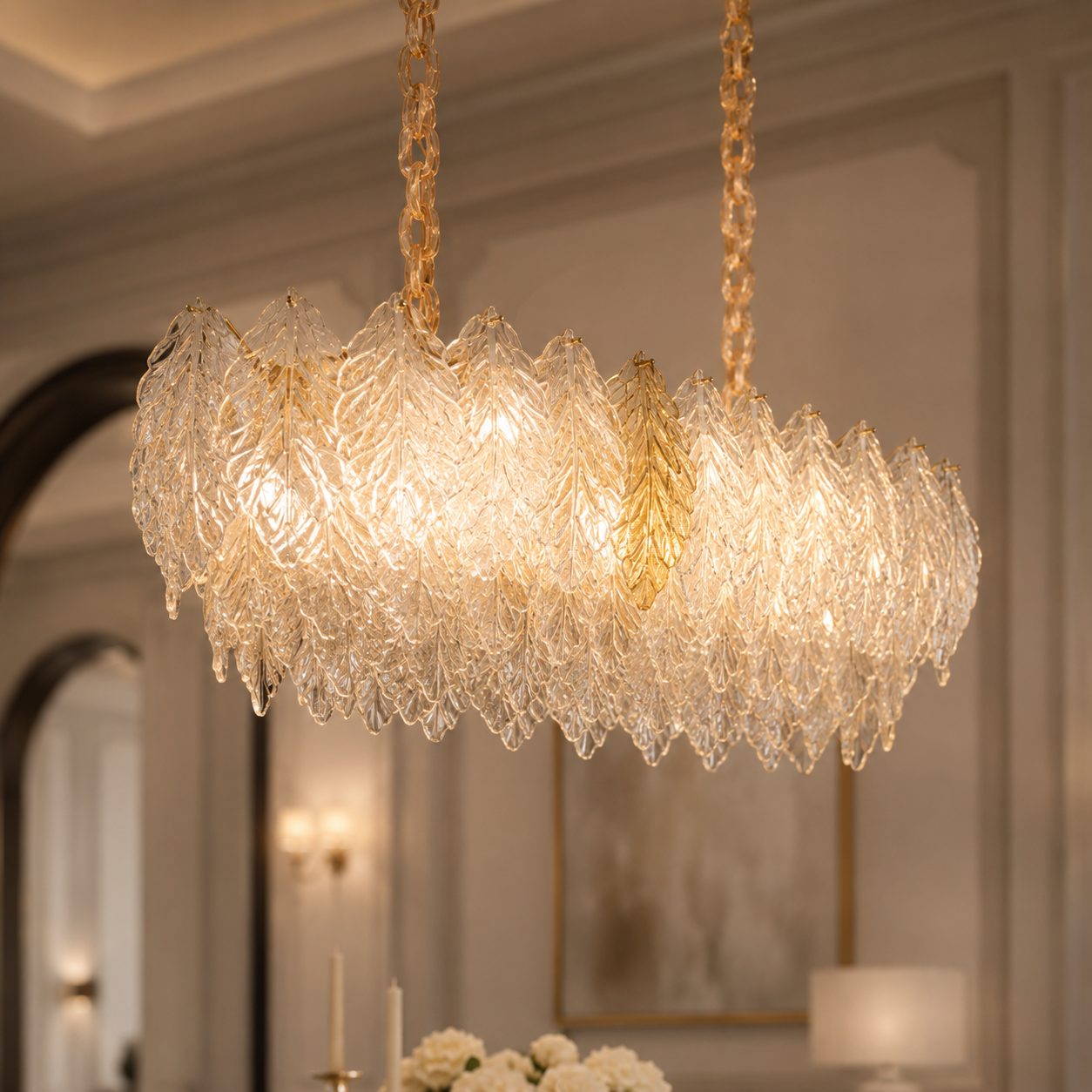 Candelabru Cristal LACE Royale 11xE14, Dimensiune 83x33 cm, Inaltime 31 cm, Auriu Lucios, Inaltime Reglabila, Design Elegant