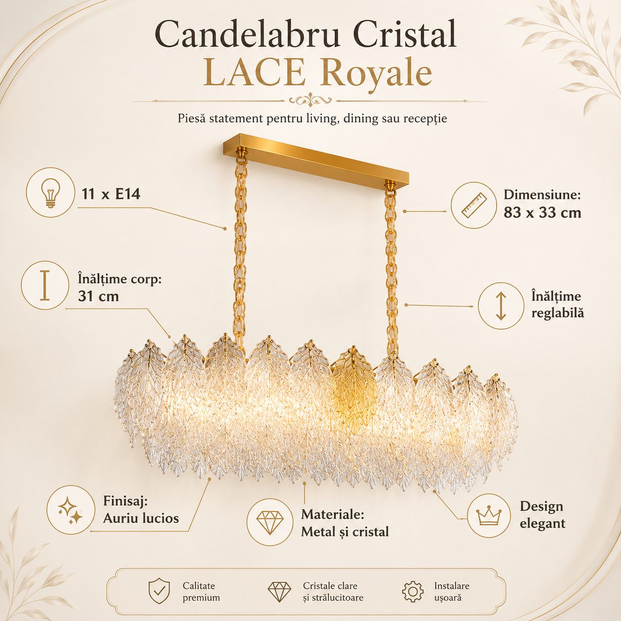 Candelabru Cristal LACE Royale 11xE14, Dimensiune 83x33 cm, Inaltime 31 cm, Auriu Lucios, Inaltime Reglabila, Design Elegant