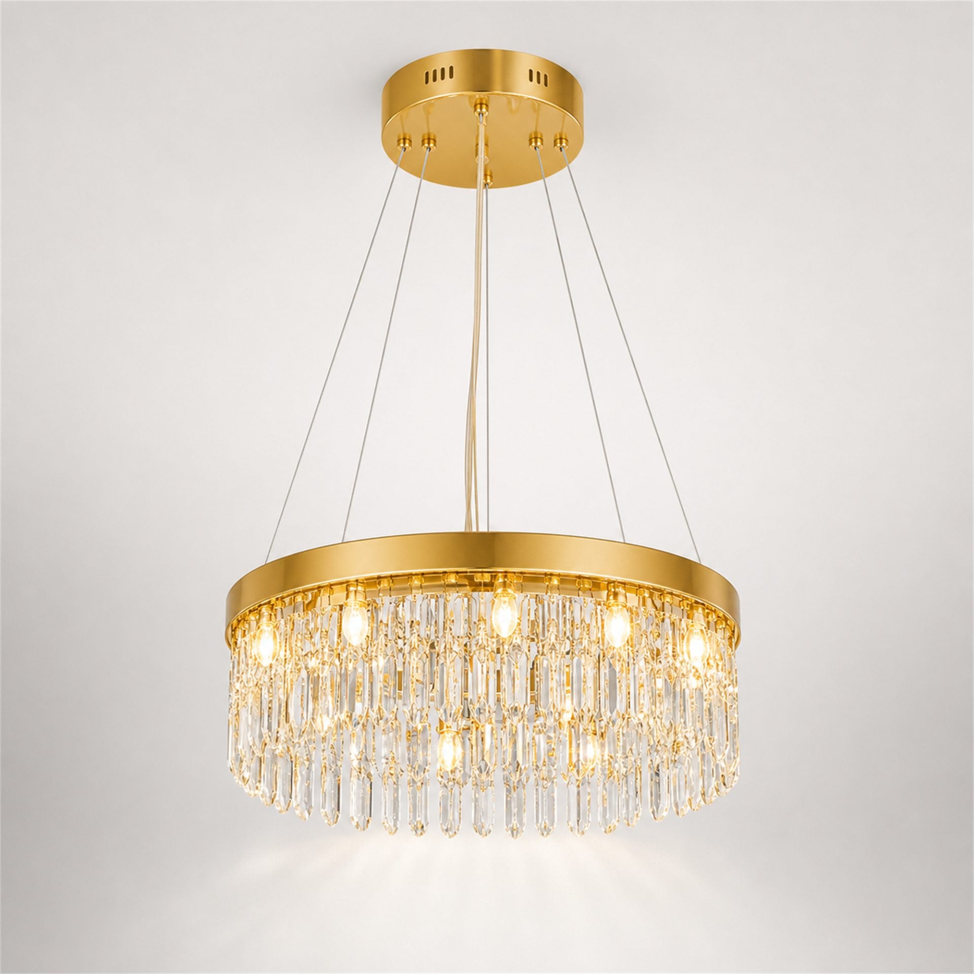 Candelabru Cristal LAGOM LED cu Telecomanda, Suspendat, 12 Surse, 36W, Diametru 40cm, Lumina Calda / Neutra / Rece, Inaltime Reglabila, Auriu, Metal si Cristal