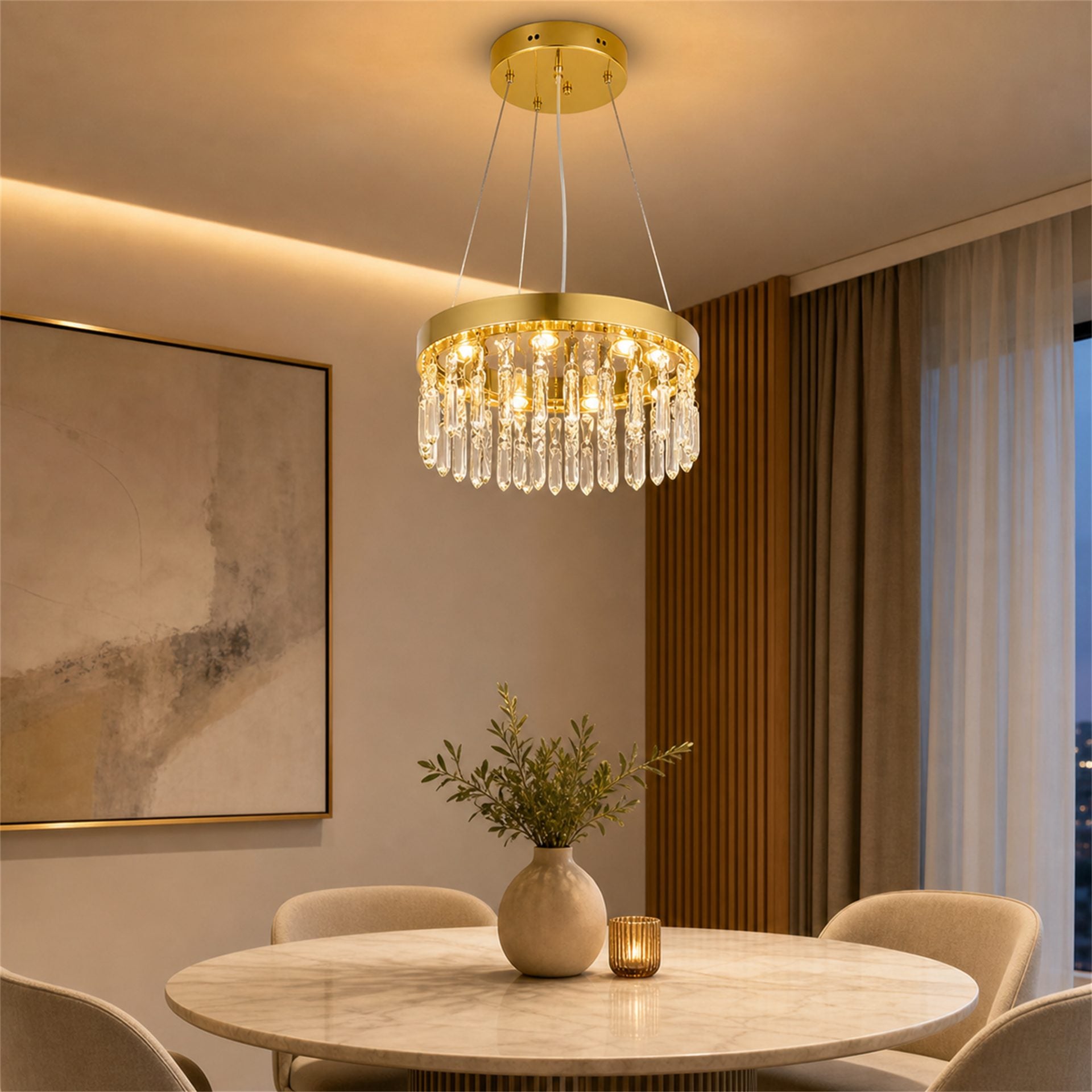 Candelabru Cristal LAGOM LED cu Telecomanda, Suspendat, 12 Surse, 36W, Diametru 40cm, Lumina Calda / Neutra / Rece, Inaltime Reglabila, Auriu, Metal si Cristal