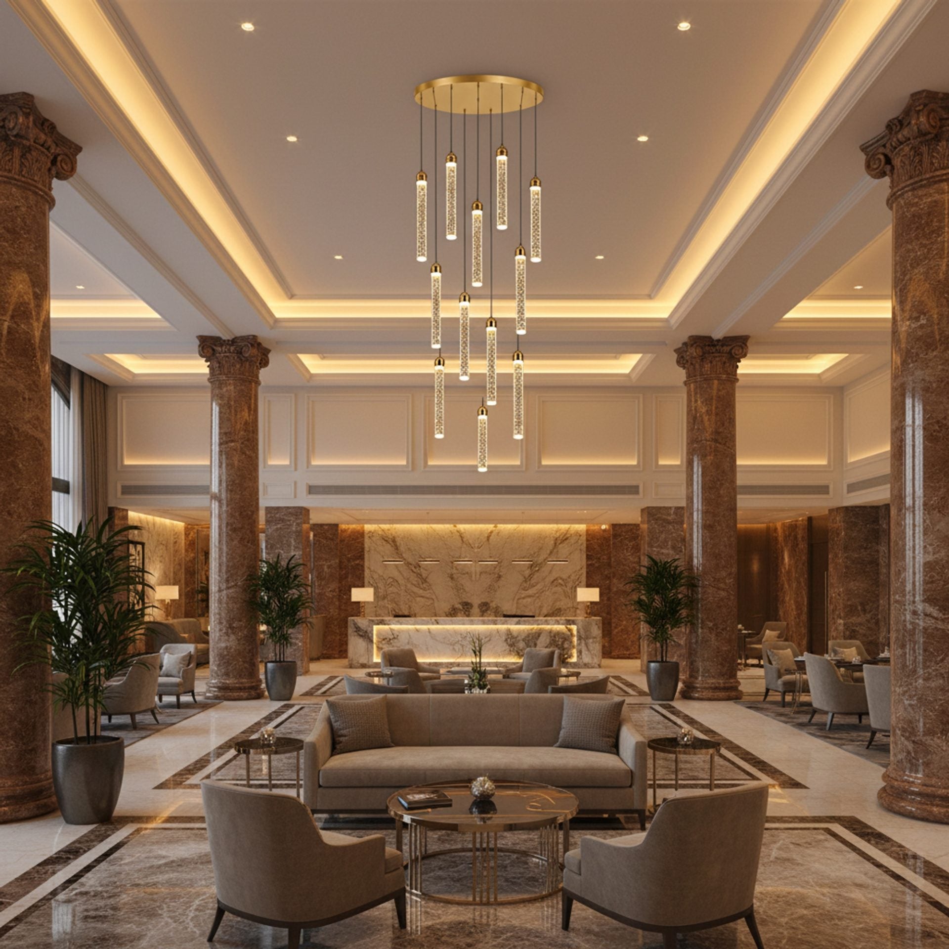 Candelabru Cristal LAGOM LED cu Telecomanda, Suspendat, 12 Surse, 36W, Diametru 40cm, Lumina Calda / Neutra / Rece, Inaltime Reglabila, Auriu, Metal si Cristal