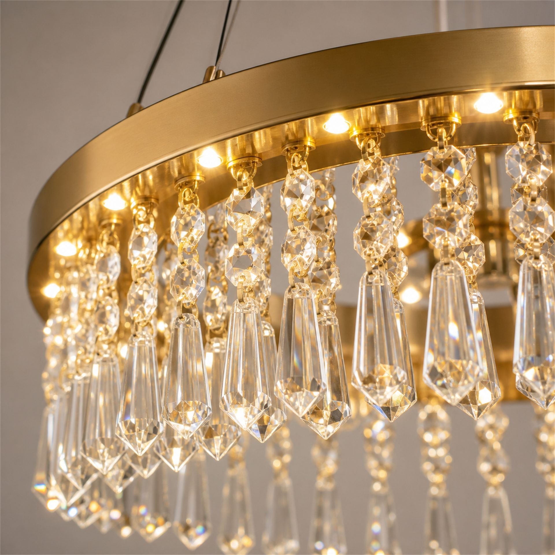 Candelabru Cristal LAGOM LED cu Telecomanda, Suspendat, 12 Surse, 36W, Diametru 40cm, Lumina Calda / Neutra / Rece, Inaltime Reglabila, Auriu, Metal si Cristal