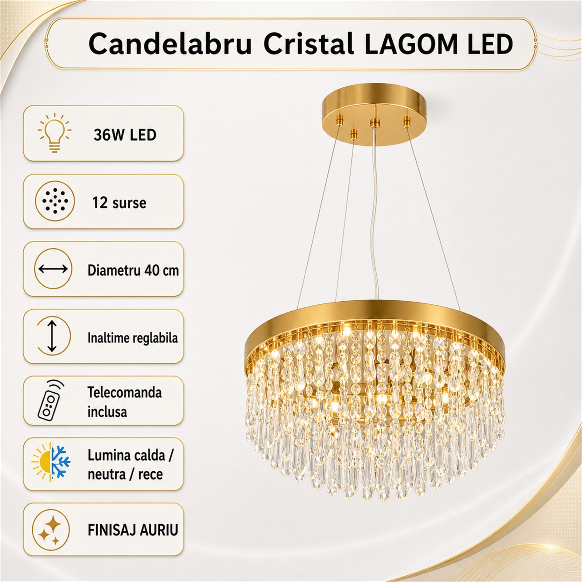 Candelabru Cristal LAGOM LED cu Telecomanda, Suspendat, 12 Surse, 36W, Diametru 40cm, Lumina Calda / Neutra / Rece, Inaltime Reglabila, Auriu, Metal si Cristal