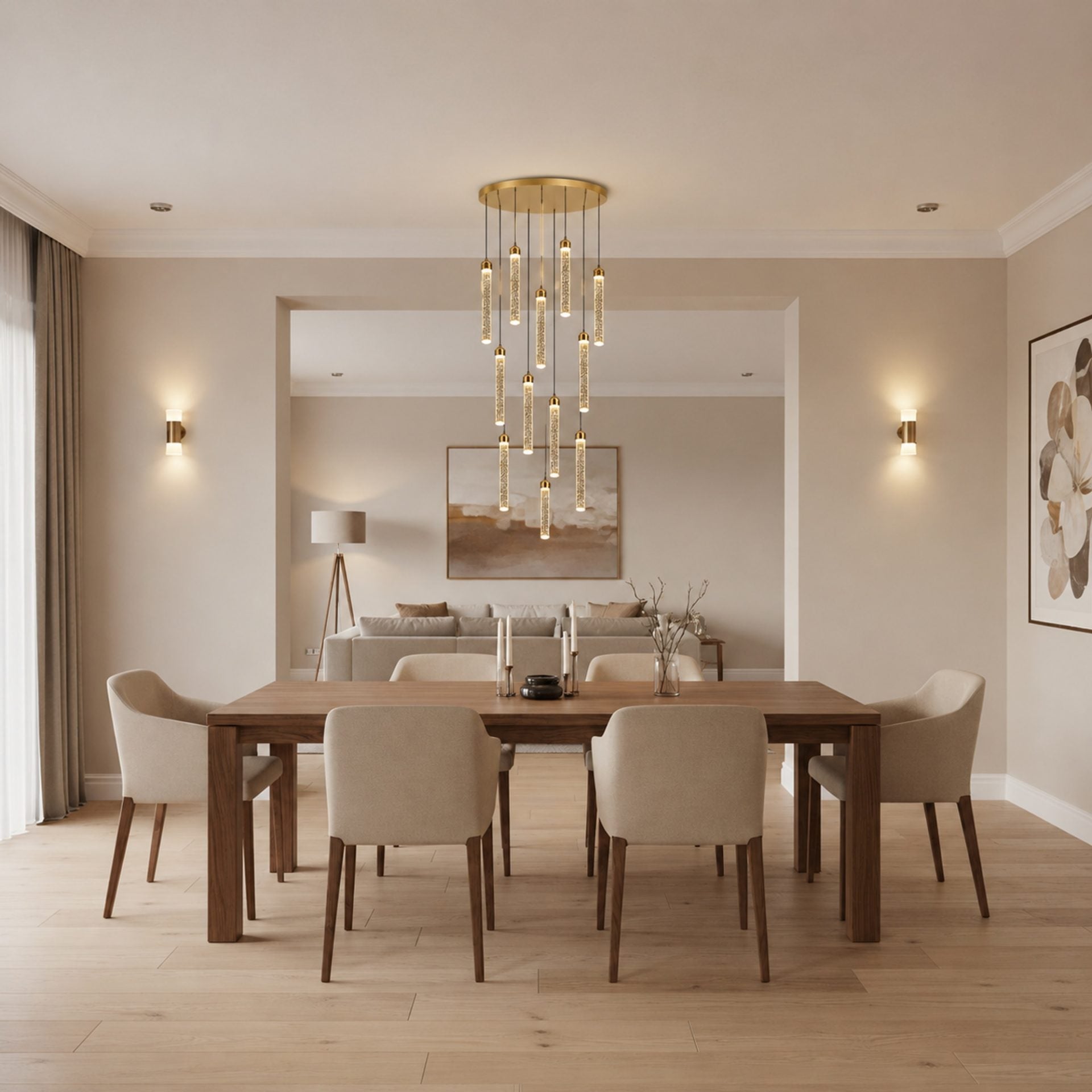 Candelabru Cristal LAGOM LED cu Telecomanda, Suspendat, 12 Surse, 36W, Diametru 40cm, Lumina Calda / Neutra / Rece, Inaltime Reglabila, Auriu, Metal si Cristal