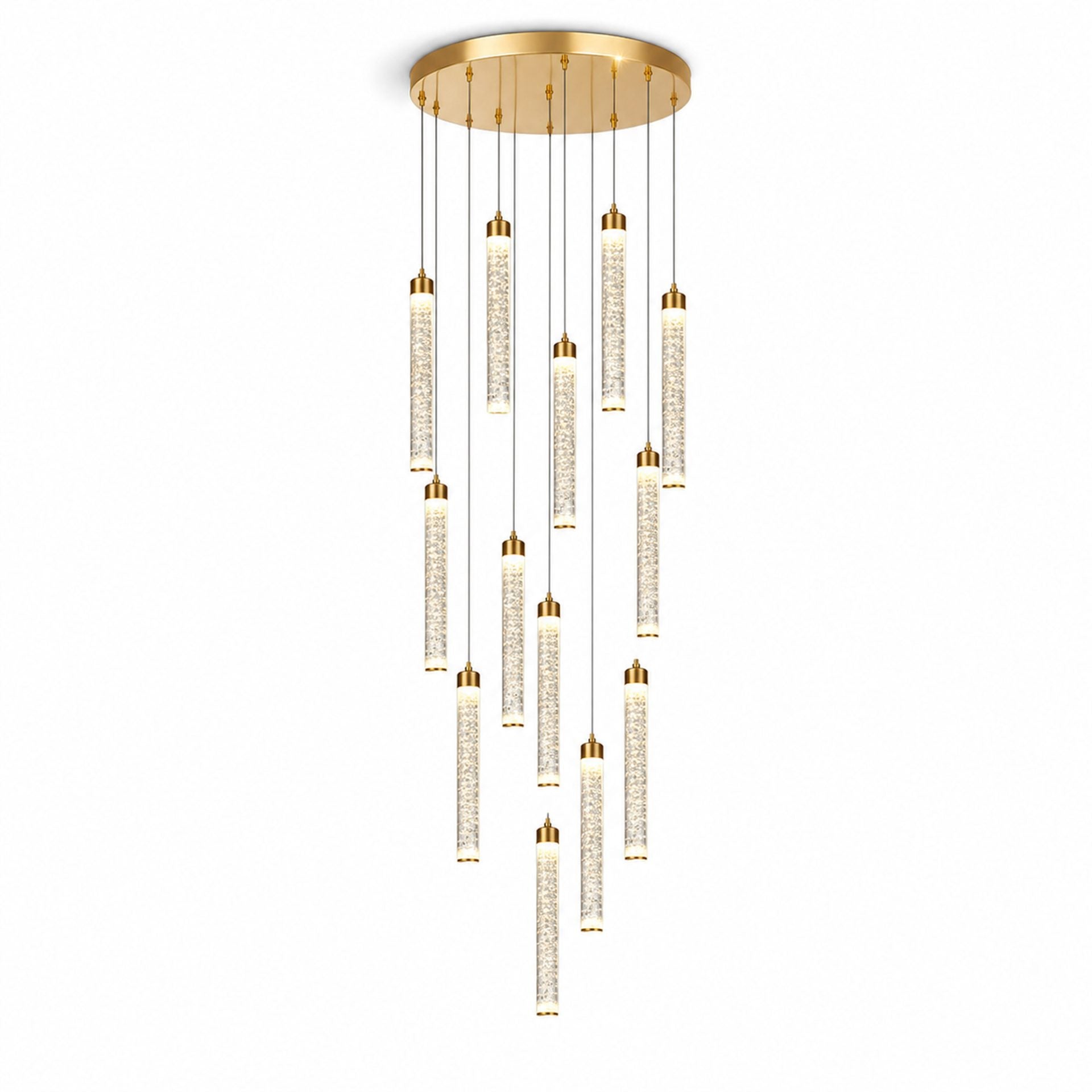Candelabru Cristal LAGOM LED cu Telecomanda, Suspendat, 12 Surse, 36W, Diametru 40cm, Lumina Calda / Neutra / Rece, Inaltime Reglabila, Auriu, Metal si Cristal
