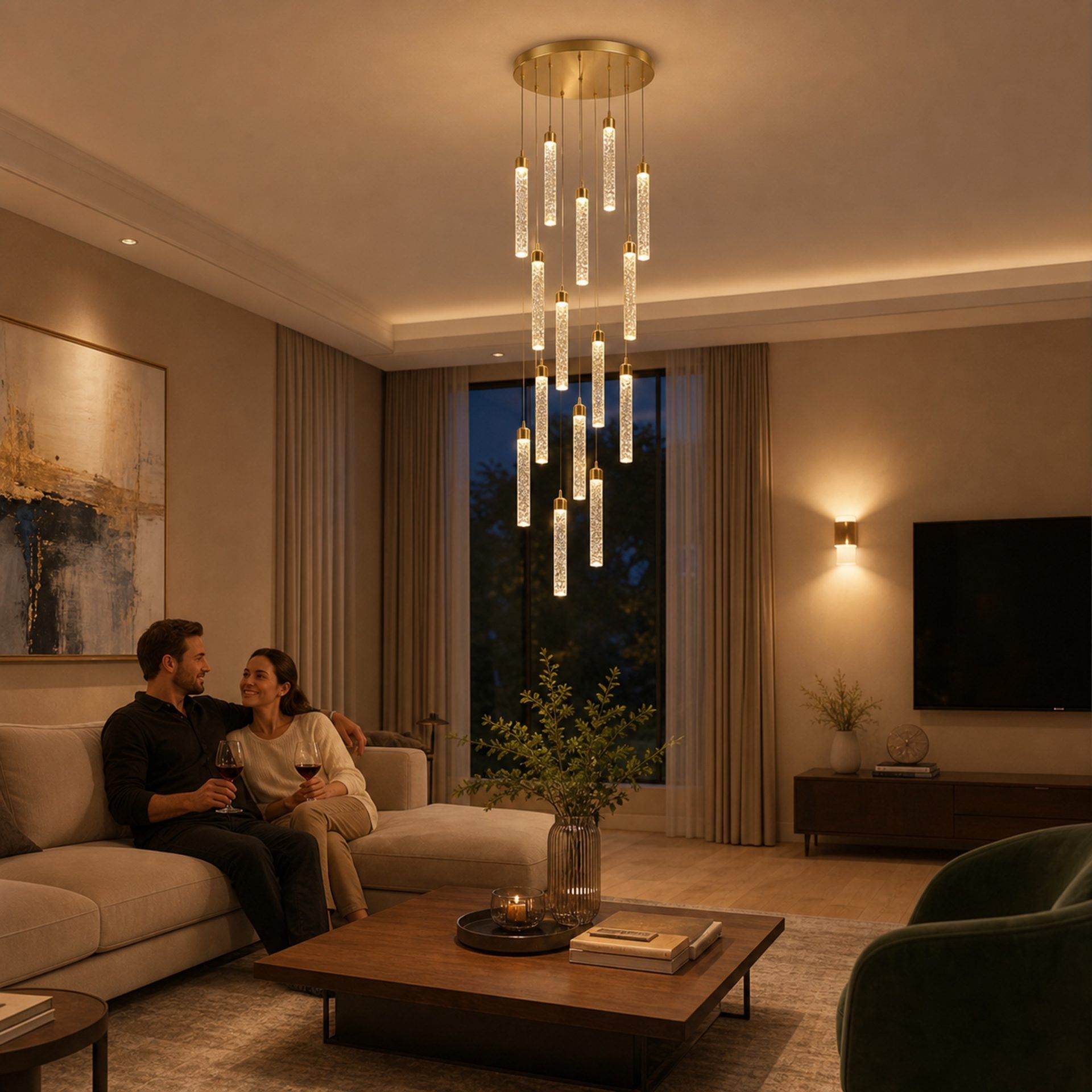 Candelabru Cristal LAGOM LED cu Telecomanda, Suspendat, 12 Surse, 36W, Diametru 40cm, Lumina Calda / Neutra / Rece, Inaltime Reglabila, Auriu, Metal si Cristal