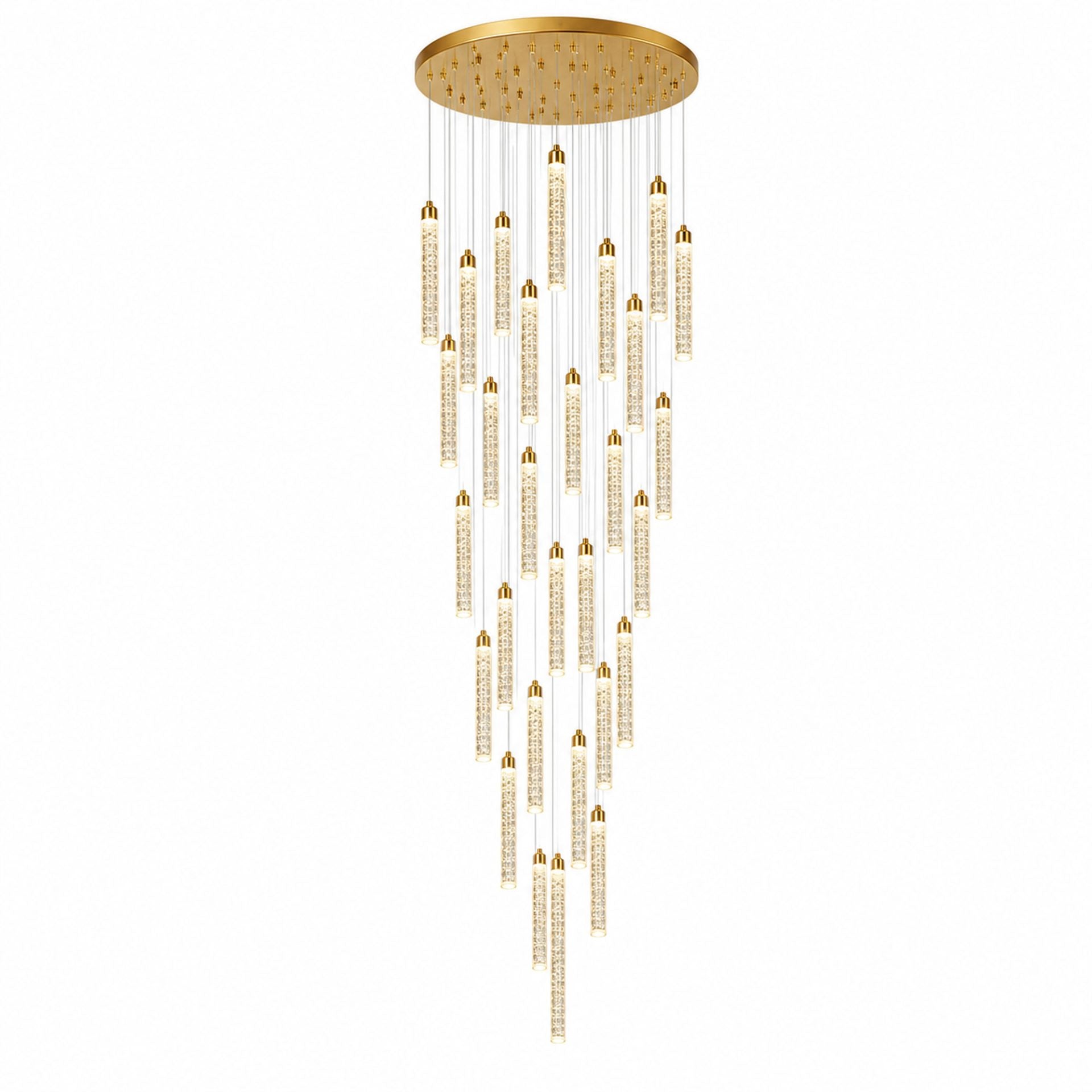 Candelabru Cristal LAGOM LED cu Telecomanda, Suspendat, 30 Surse, 90W, Lumina Calda/Neutra/Rece, Diametru 60cm, Inaltime Reglabila, Auriu, Metal si Cristal