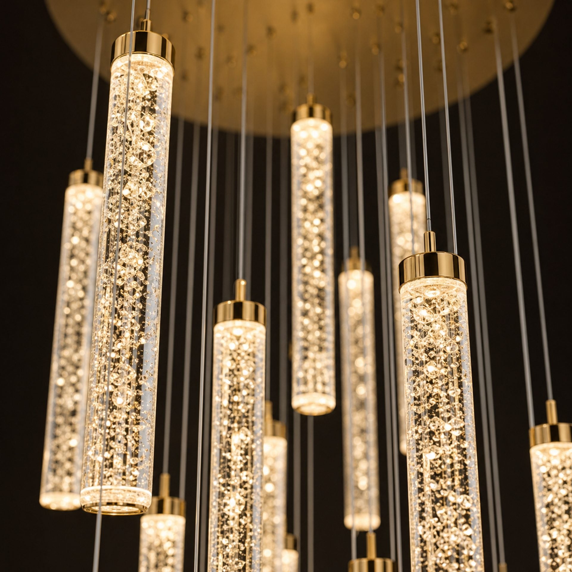 Candelabru Cristal LAGOM LED cu Telecomanda, Suspendat, 30 Surse, 90W, Lumina Calda/Neutra/Rece, Diametru 60cm, Inaltime Reglabila, Auriu, Metal si Cristal