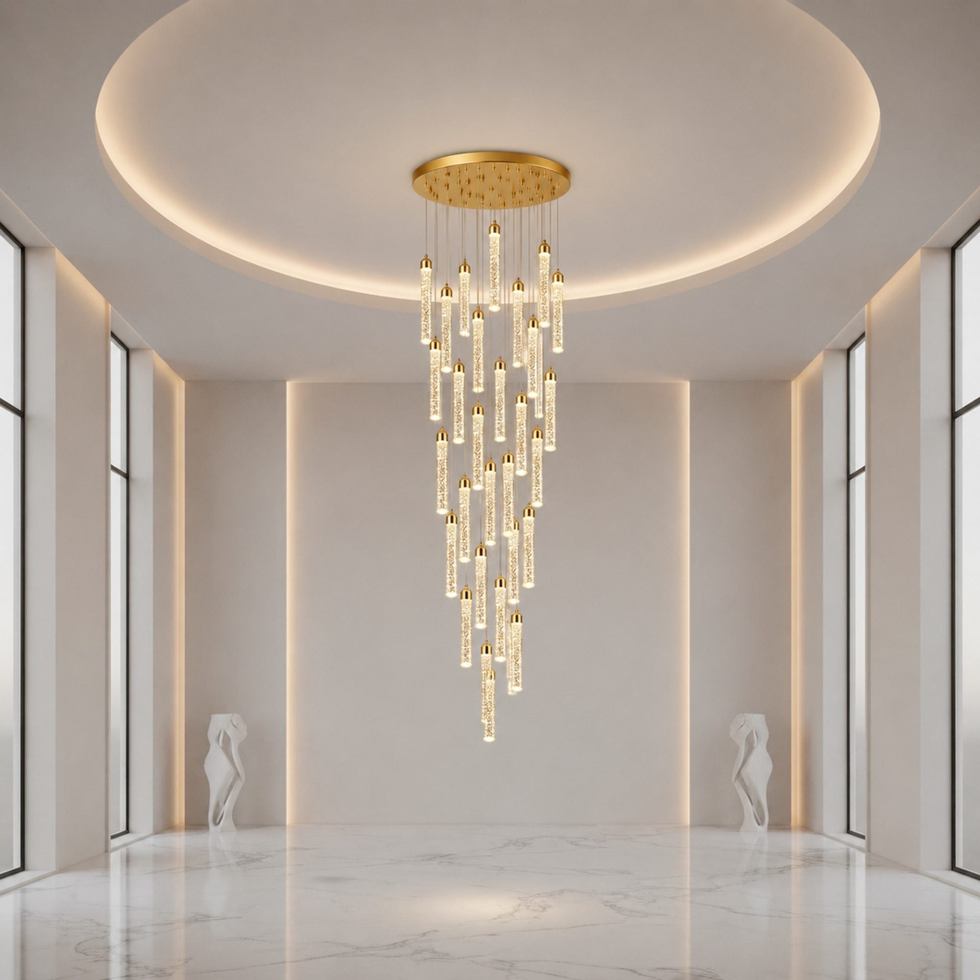 Candelabru Cristal LAGOM LED cu Telecomanda, Suspendat, 30 Surse, 90W, Lumina Calda/Neutra/Rece, Diametru 60cm, Inaltime Reglabila, Auriu, Metal si Cristal