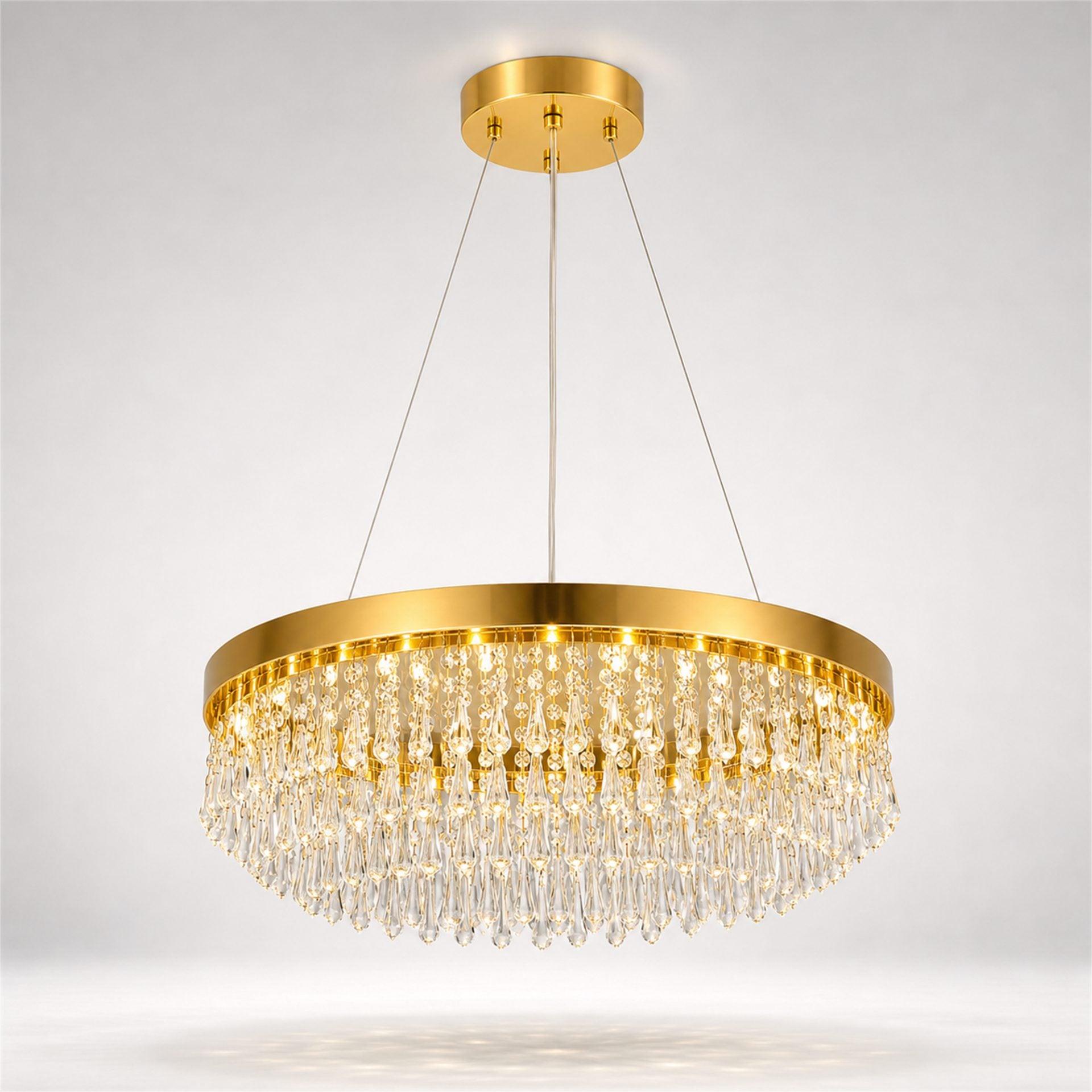 Candelabru Cristal LAGOM LED cu Telecomanda, Suspendat, 30 Surse, 90W, Lumina Calda/Neutra/Rece, Diametru 60cm, Inaltime Reglabila, Auriu, Metal si Cristal