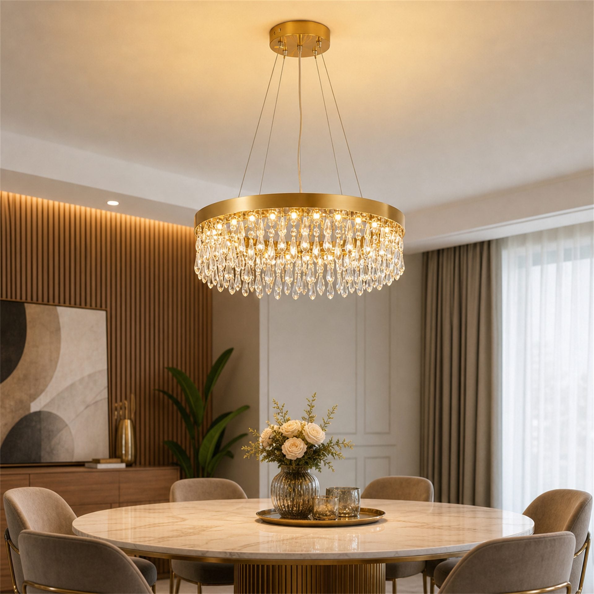 Candelabru Cristal LAGOM LED cu Telecomanda, Suspendat, 30 Surse, 90W, Lumina Calda/Neutra/Rece, Diametru 60cm, Inaltime Reglabila, Auriu, Metal si Cristal
