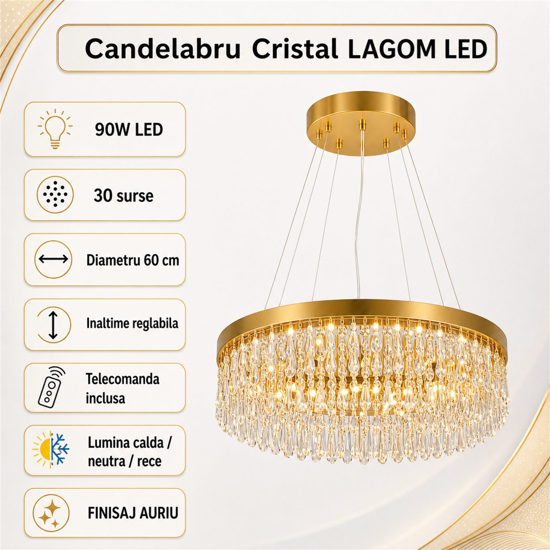 Candelabru Cristal LAGOM LED cu Telecomanda, Suspendat, 30 Surse, 90W, Lumina Calda/Neutra/Rece, Diametru 60cm, Inaltime Reglabila, Auriu, Metal si Cristal