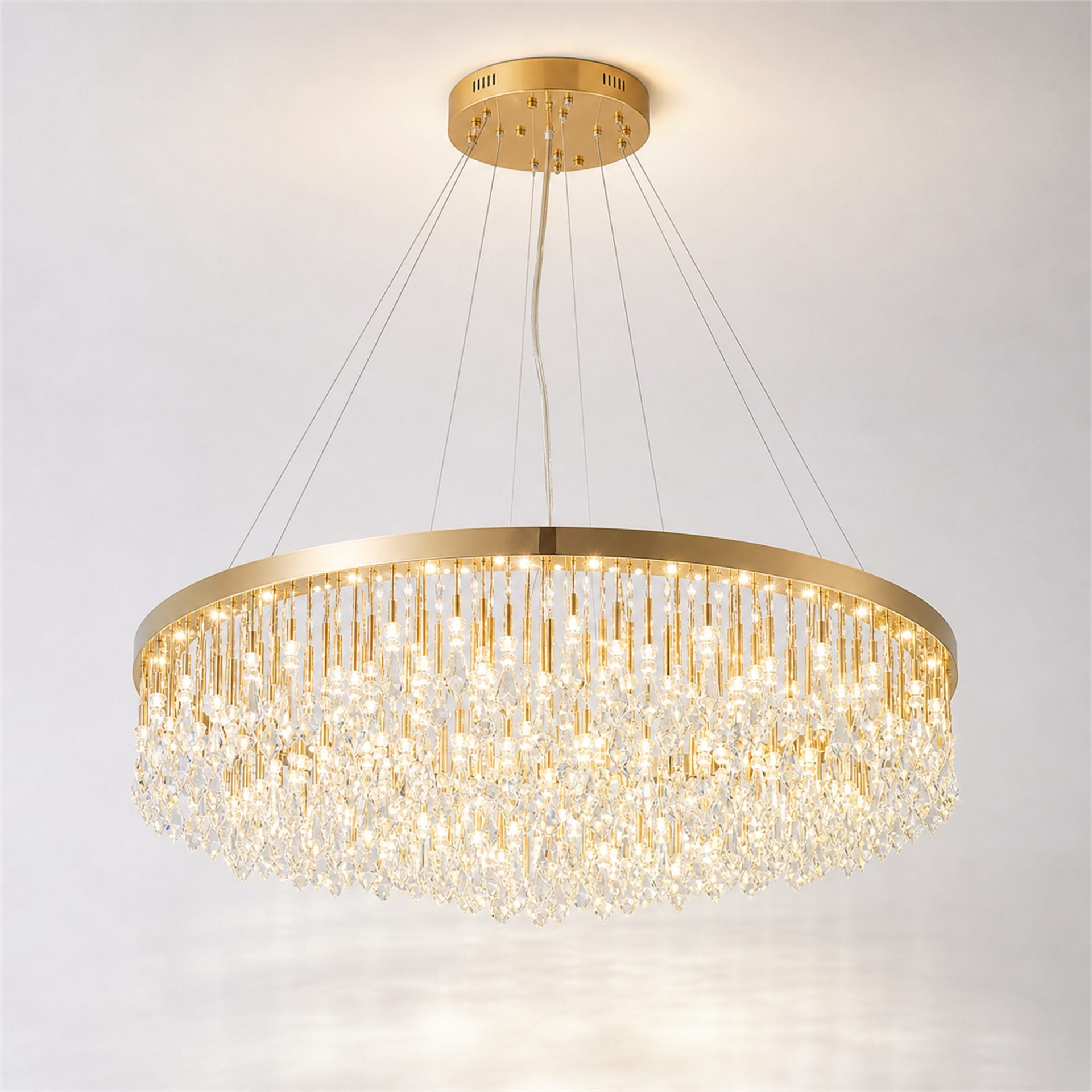 Candelabru Cristal LAGOM LED cu Telecomanda, Suspendat, 51 Surse, 153W, Lumina Calda/Neutra/Rece, Diametru 100cm, Inaltime Reglabila, Auriu, Metal si Cristal