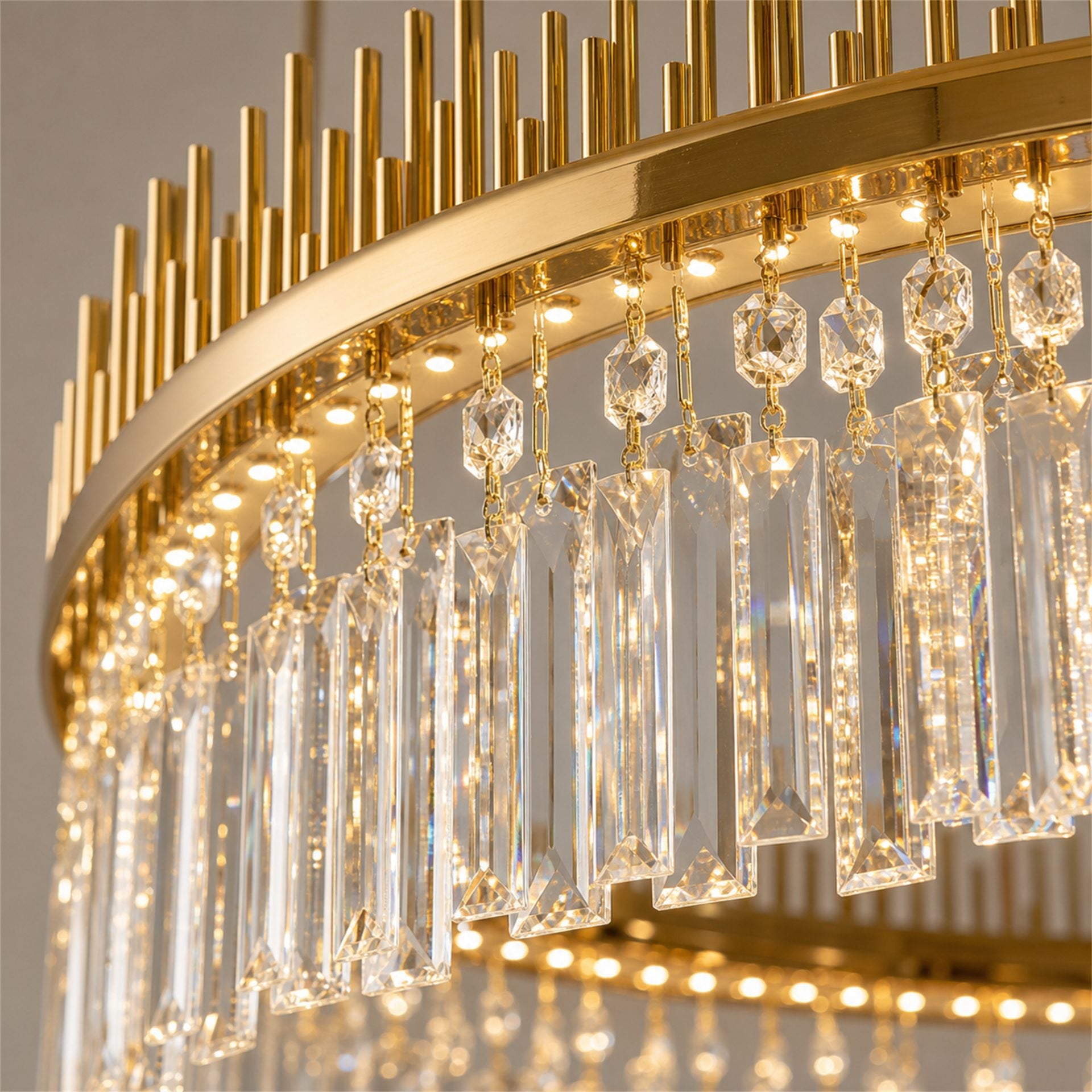 Candelabru Cristal LAGOM LED cu Telecomanda, Suspendat, 51 Surse, 153W, Lumina Calda/Neutra/Rece, Diametru 100cm, Inaltime Reglabila, Auriu, Metal si Cristal