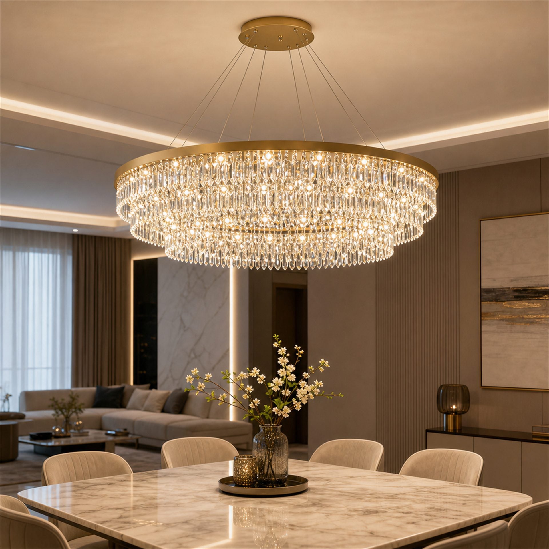 Candelabru Cristal LAGOM LED cu Telecomanda, Suspendat, 51 Surse, 153W, Lumina Calda/Neutra/Rece, Diametru 100cm, Inaltime Reglabila, Auriu, Metal si Cristal