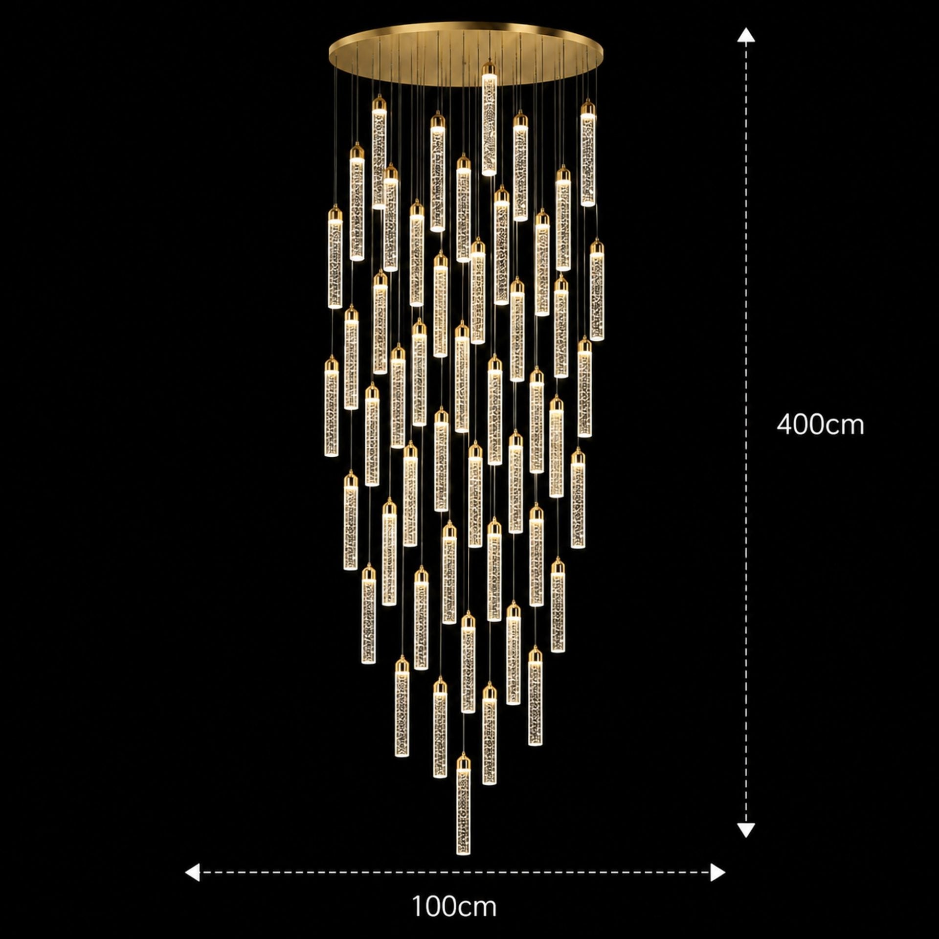Candelabru Cristal LAGOM LED cu Telecomanda, Suspendat, 51 Surse, 153W, Lumina Calda/Neutra/Rece, Diametru 100cm, Inaltime Reglabila, Auriu, Metal si Cristal