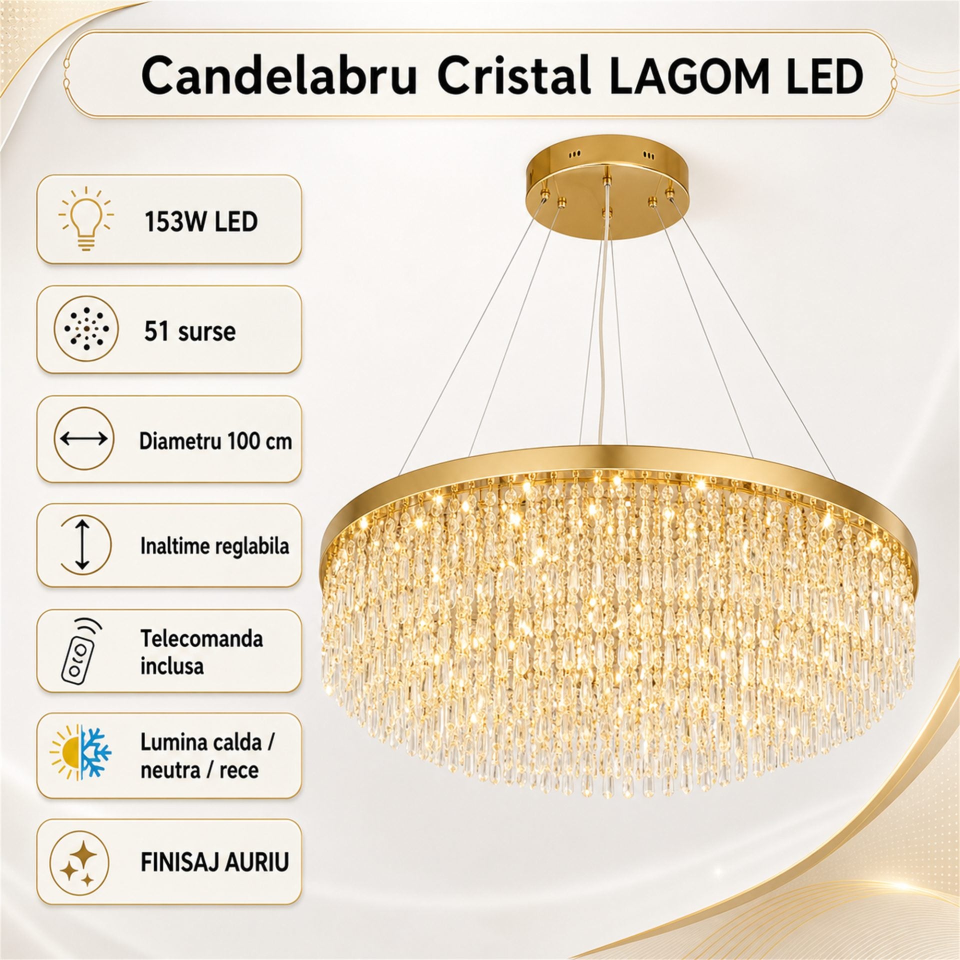Candelabru Cristal LAGOM LED cu Telecomanda, Suspendat, 51 Surse, 153W, Lumina Calda/Neutra/Rece, Diametru 100cm, Inaltime Reglabila, Auriu, Metal si Cristal
