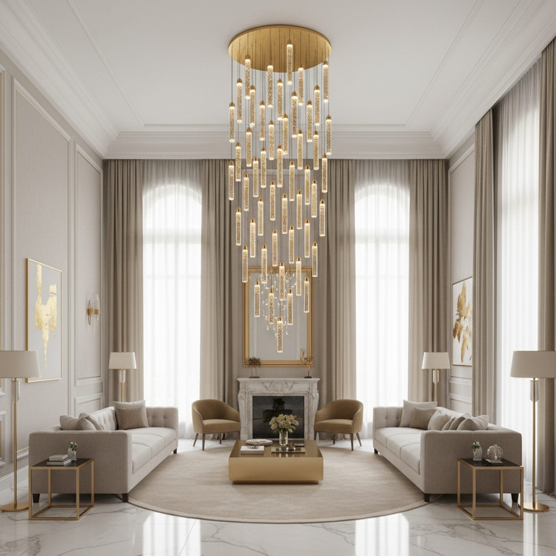 Candelabru Cristal LAGOM LED cu Telecomanda, Suspendat, 51 Surse, 153W, Lumina Calda/Neutra/Rece, Diametru 100cm, Inaltime Reglabila, Auriu, Metal si Cristal