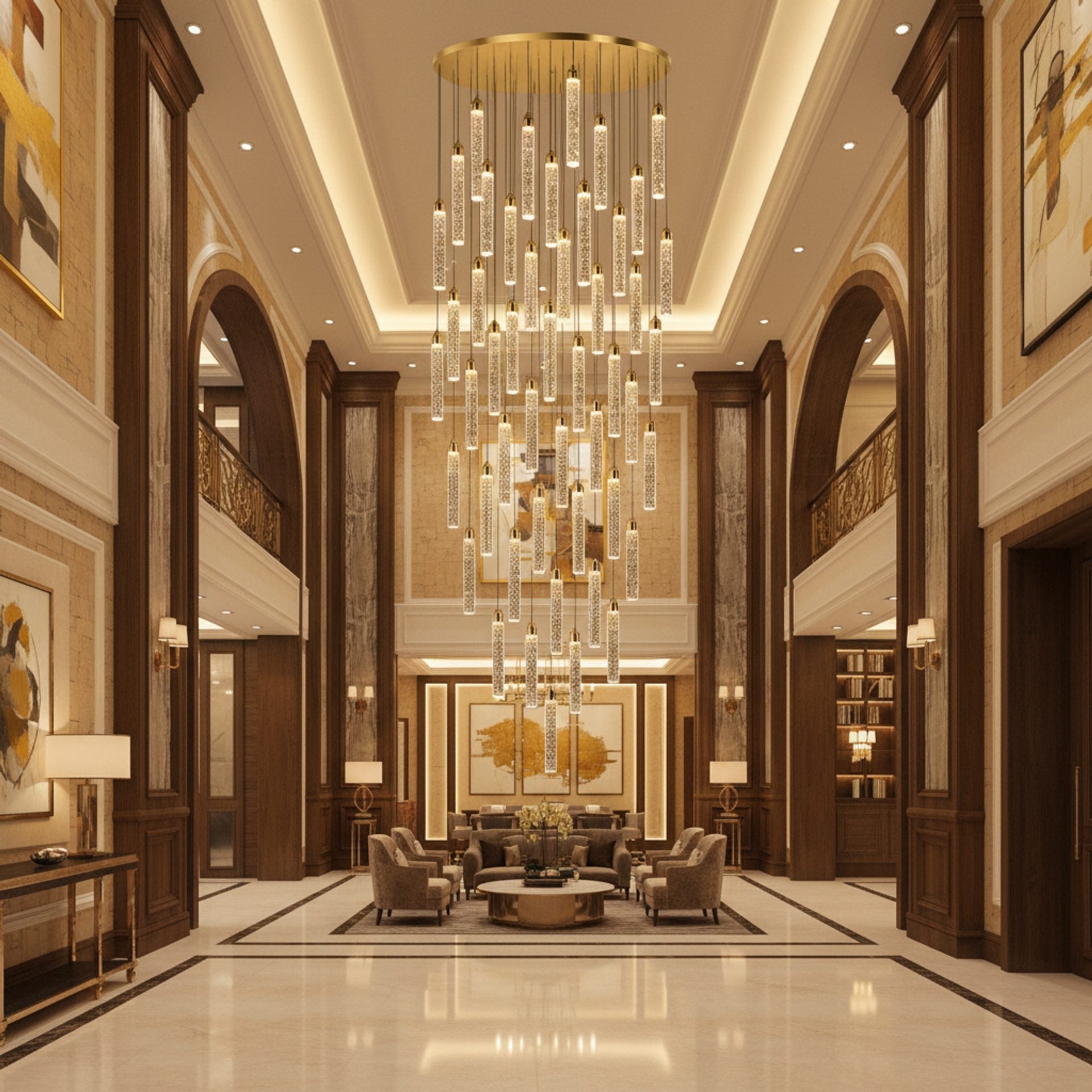 Candelabru Cristal LAGOM LED cu Telecomanda, Suspendat, 51 Surse, 153W, Lumina Calda/Neutra/Rece, Diametru 100cm, Inaltime Reglabila, Auriu, Metal si Cristal
