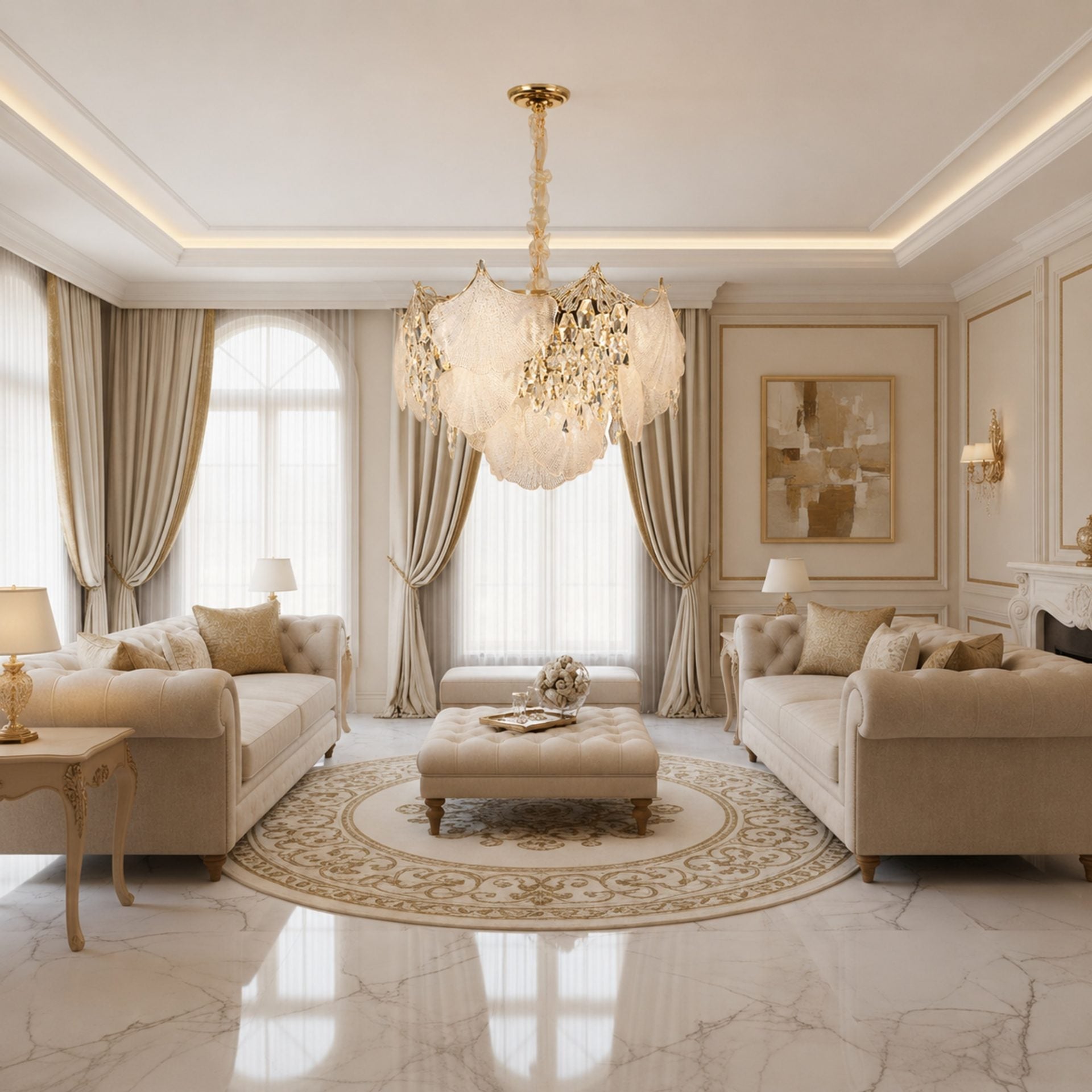 Candelabru Cristal LUXE Eleganza 9xE14, Diametru 50cm, Inaltime 33cm, Auriu Lucios, Inaltime Reglabila, Design Elegant
