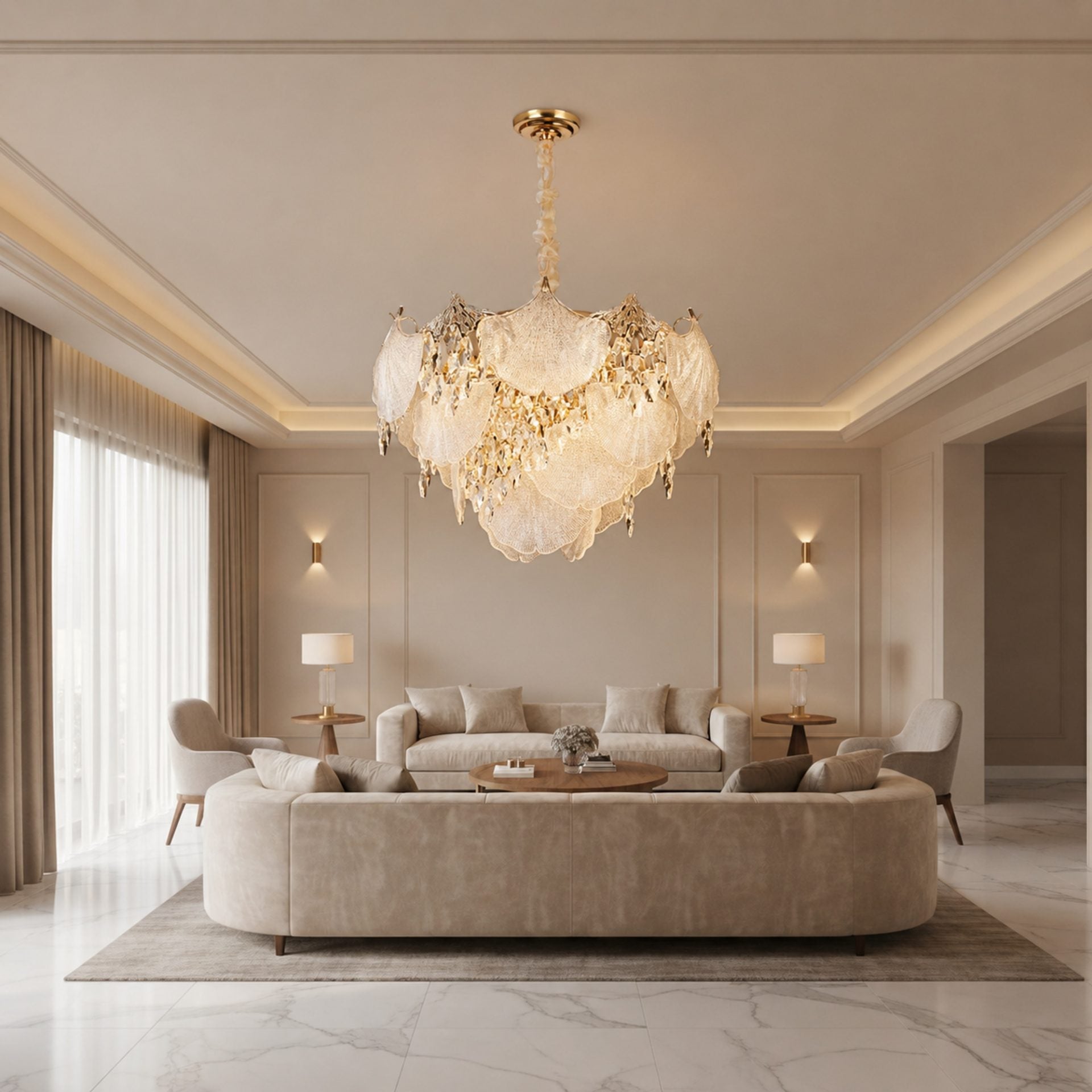 Candelabru Cristal LUXE Magno, 21xE14, Diametru 60cm, Inaltime 40cm, Auriu Lucios, Inaltime Reglabila, Design Elegant
