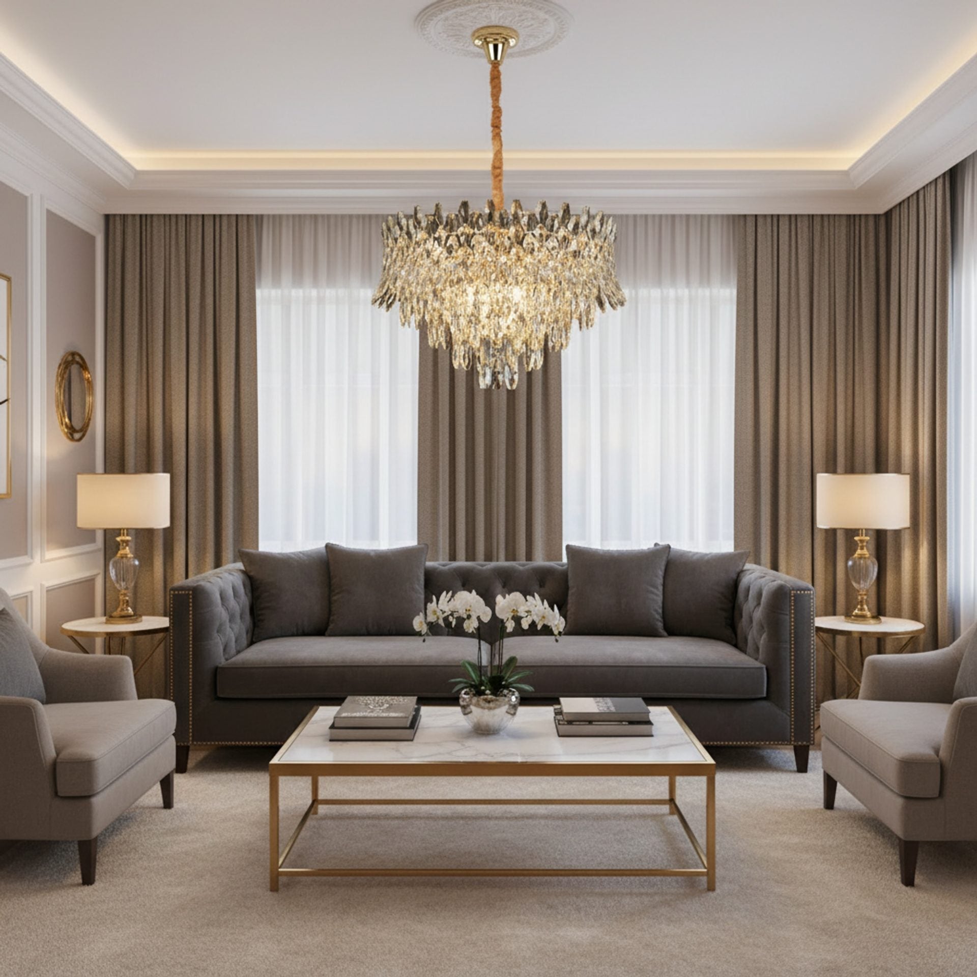 Candelabru Cristal MONARCH Magno 12xE14, Diametru 60cm, Inaltime 40cm, Auriu Lucios, Inaltime Reglabila, Design Elegant