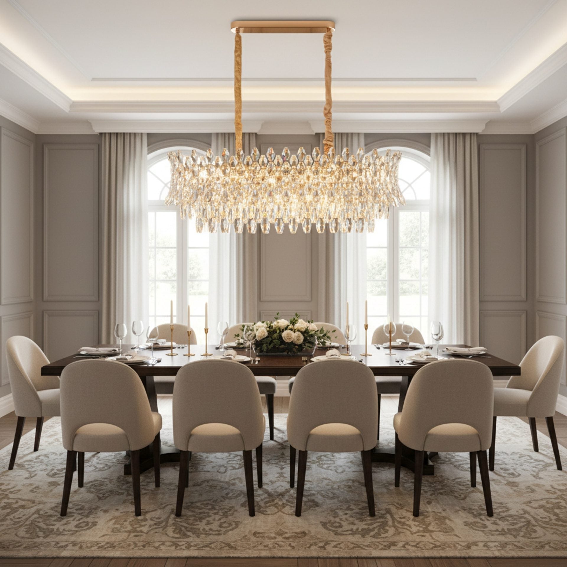 Candelabru Cristal MONARCH Supremo 14xE14, Dimensiune 100x35 cm, Inaltime 38 cm, Auriu Lucios, Inaltime Reglabila, Design Elegant