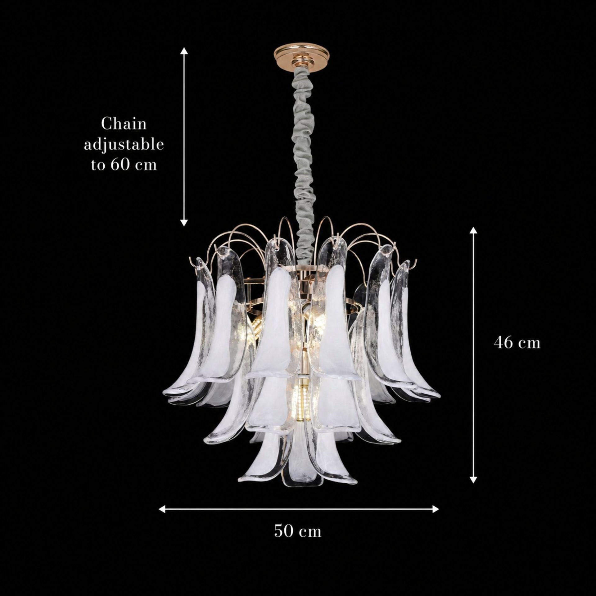 Candelabru Cristal MURANO Eleganza 4xE14, D50 cm, Alb, Inaltime Reglabila, Metal si Cristal