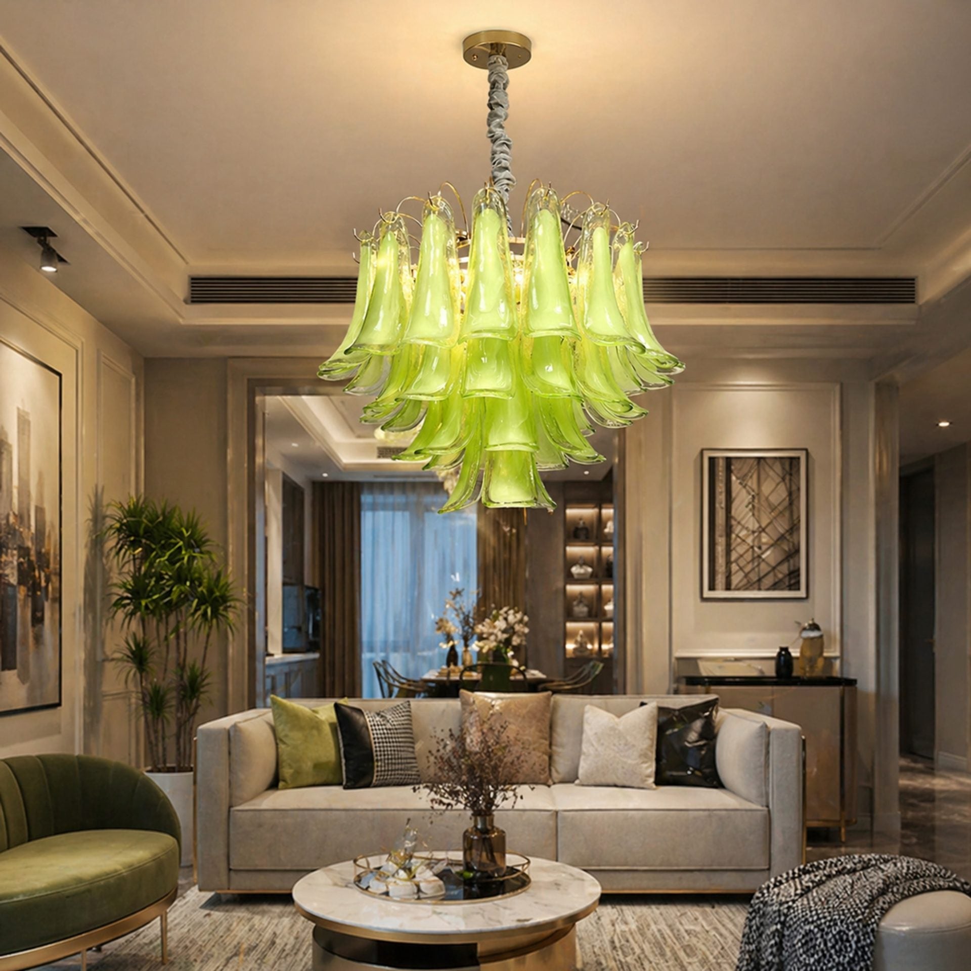 Candelabru Cristal MURANO Eleganza 4xE14, D50 cm, Verde, Inaltime Reglabila, Metal si Cristal