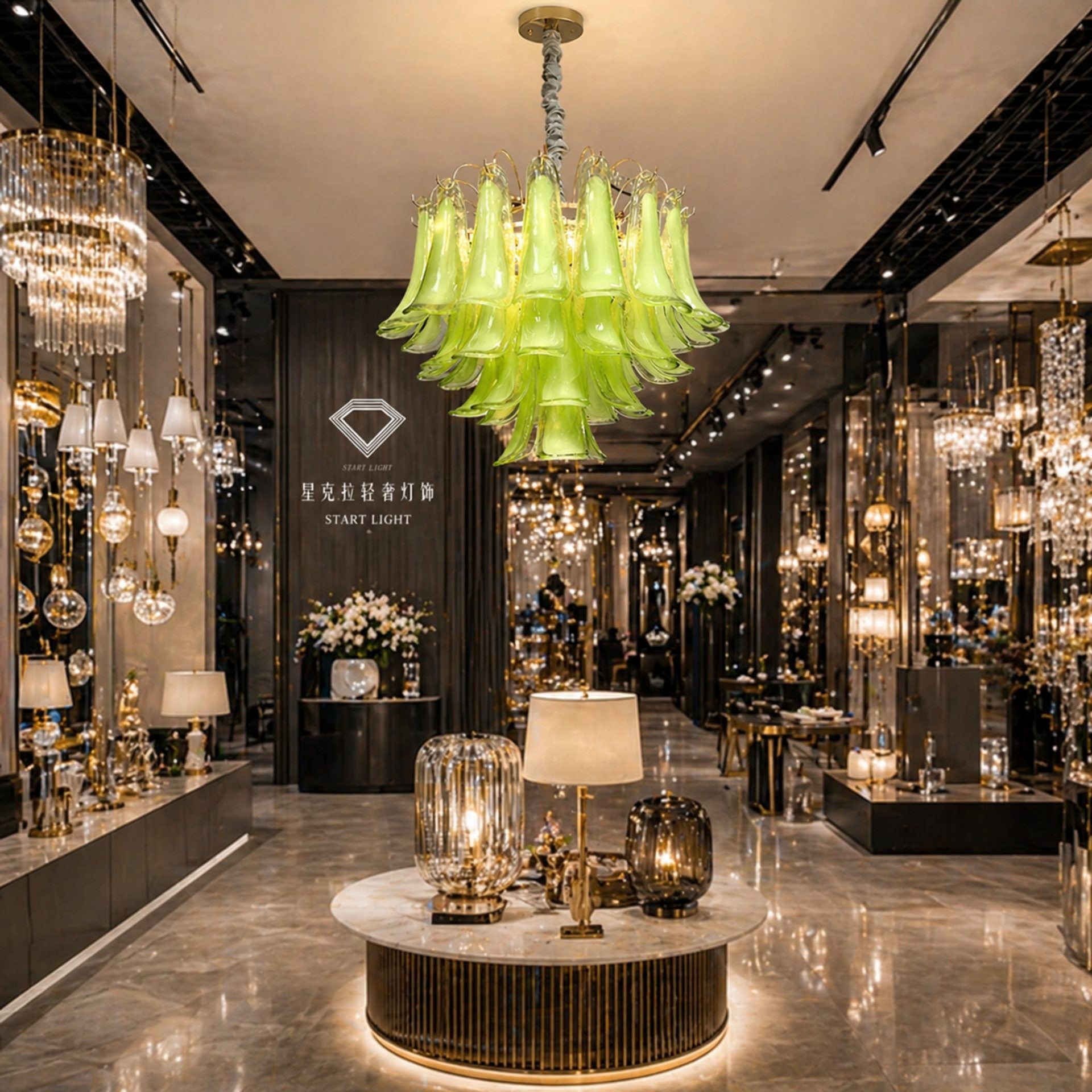 Candelabru Cristal MURANO Eleganza 4xE14, D50 cm, Verde, Inaltime Reglabila, Metal si Cristal