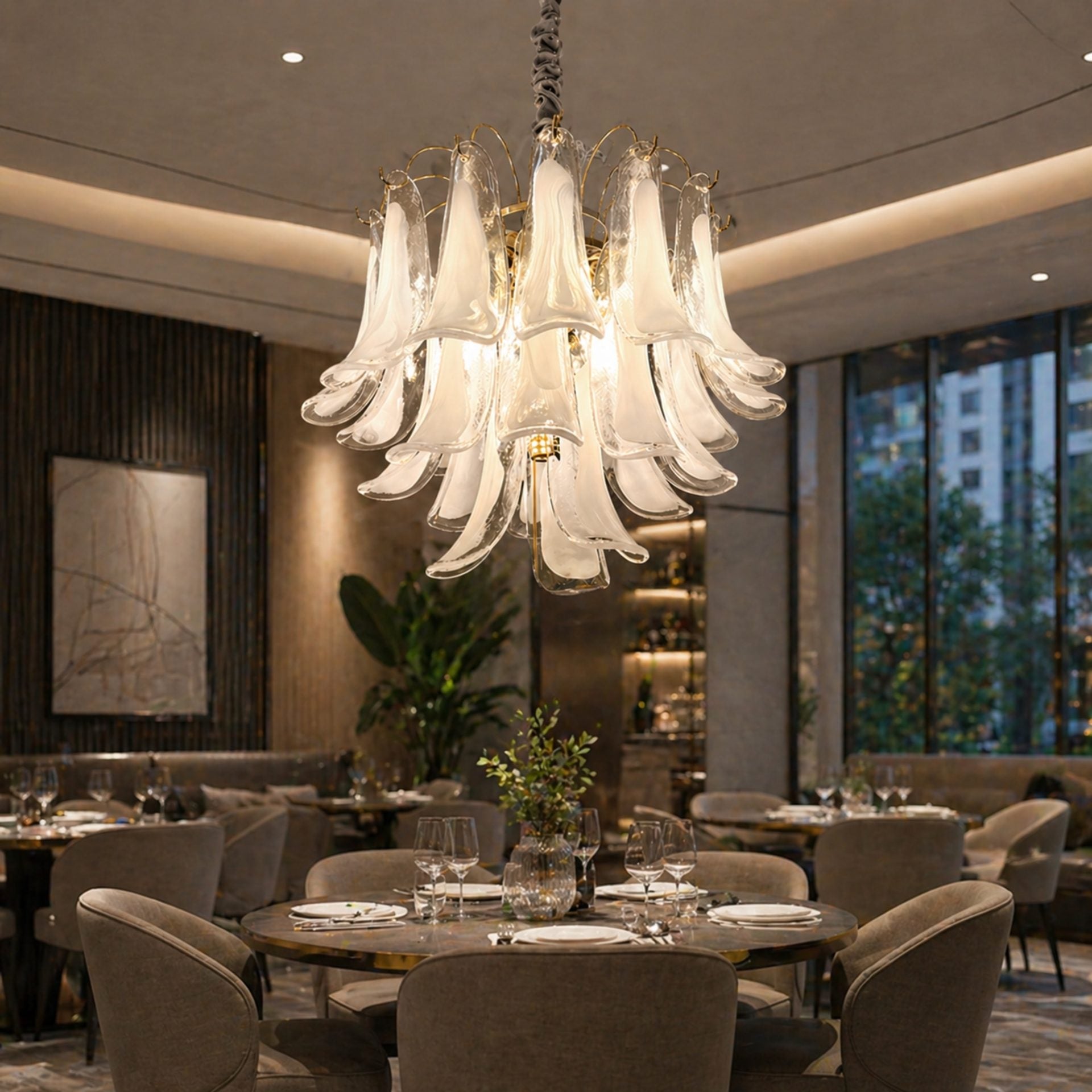 Candelabru Cristal MURANO Magno 7xE14, D60 cm, Alb, Inaltime Reglabila, Metal si Cristal